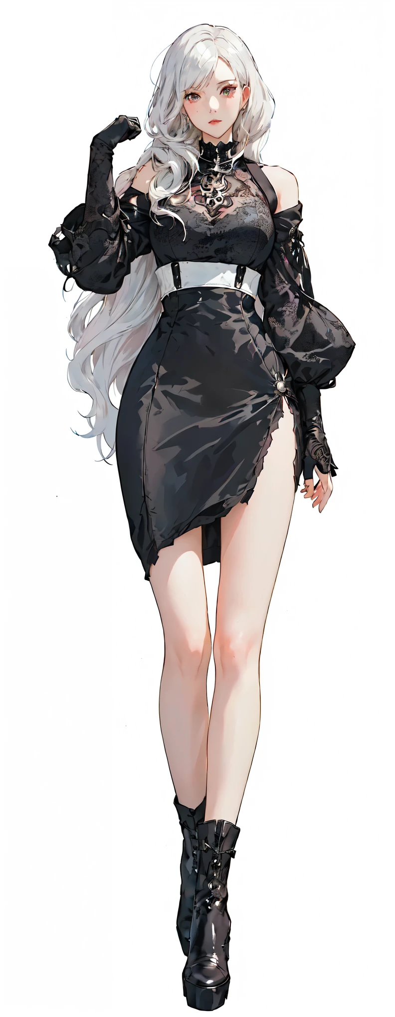 Close-up of woman in black dress and boots, Persona 5 art style wlop,（（White big wavy hair）） Anime girl in black dress, 2 b, 2b, Tifa Lockhart white hair, 2b Nier Automata, From Girl Front, Artwork in the style of Guweiz, Popular on cgstation, guweiz on pixiv artstation