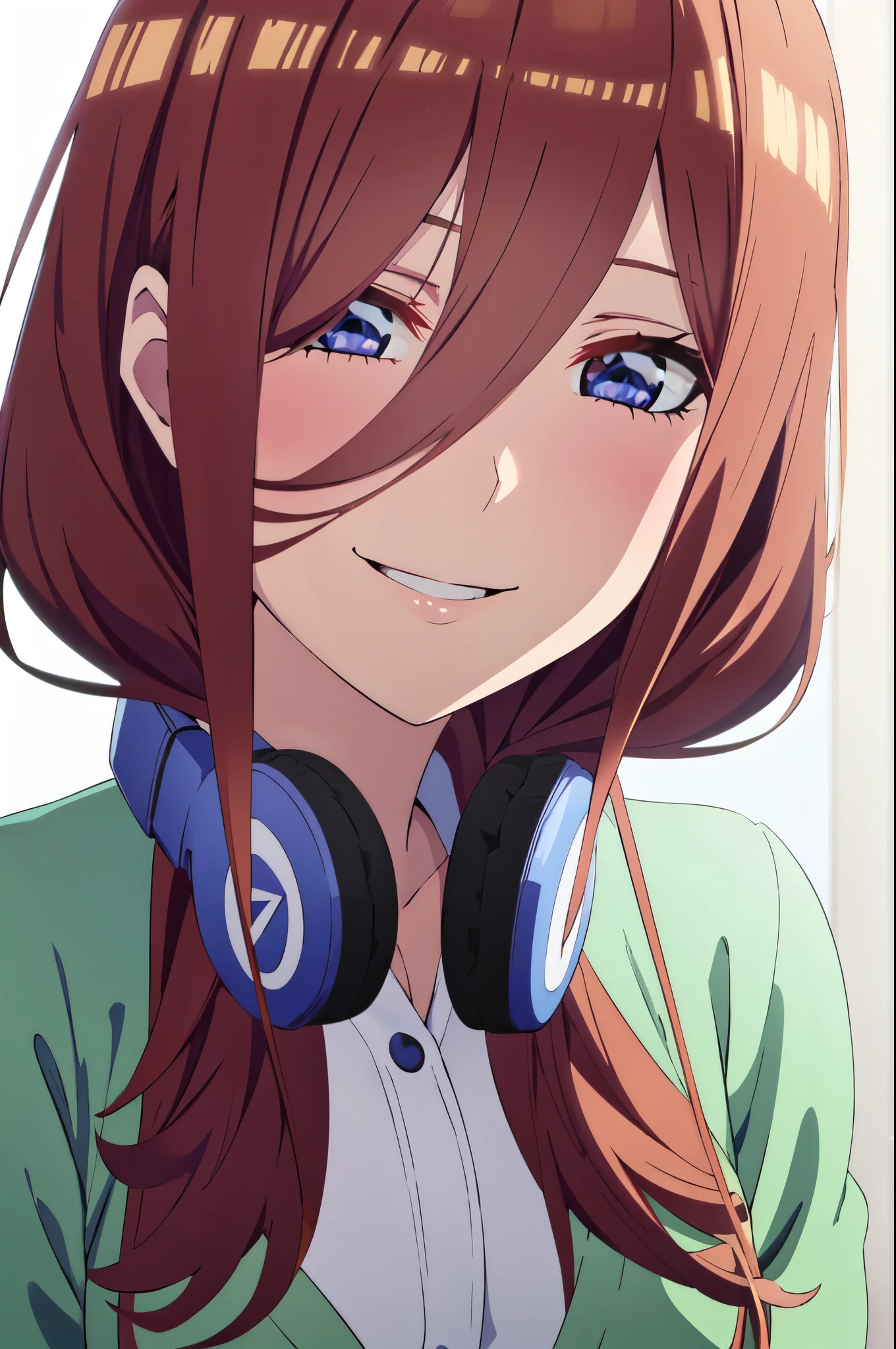 solo, 1girl, looking at viewer, 2D, anime, anime coloring, upper body, (solid white background:1.3), miku nakano, cardigan, headphones around neck, looking at viewer, smile ,up close to face