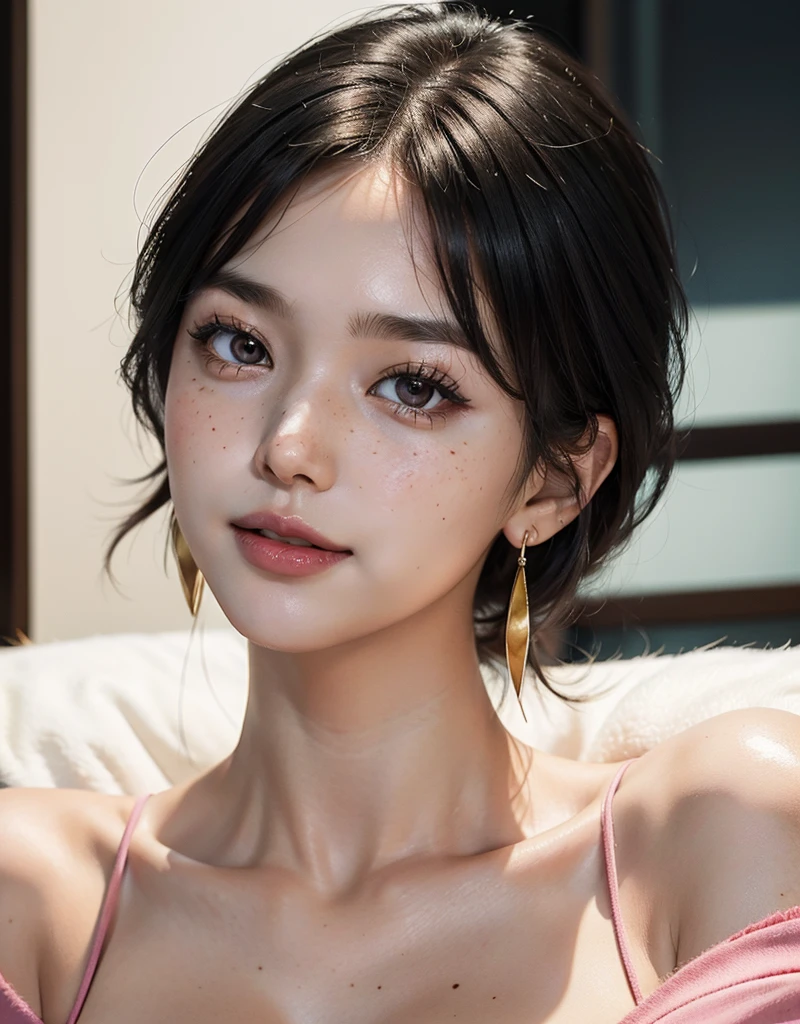 1 girl with tattoo in the neck, slim head, 25 years old, south korean, idol, masterpiece, perfect face, soft skin, freckles under eyes, short whavy black hair, bowl cut, massive breast, shiny pink eyes, red lips, natural makeup, red eyeliners, happy, big smile, open mouth, perfect teeth, pink earrings, gold necklase, facing the spectator, bright colors, portrait, close up, face focus.