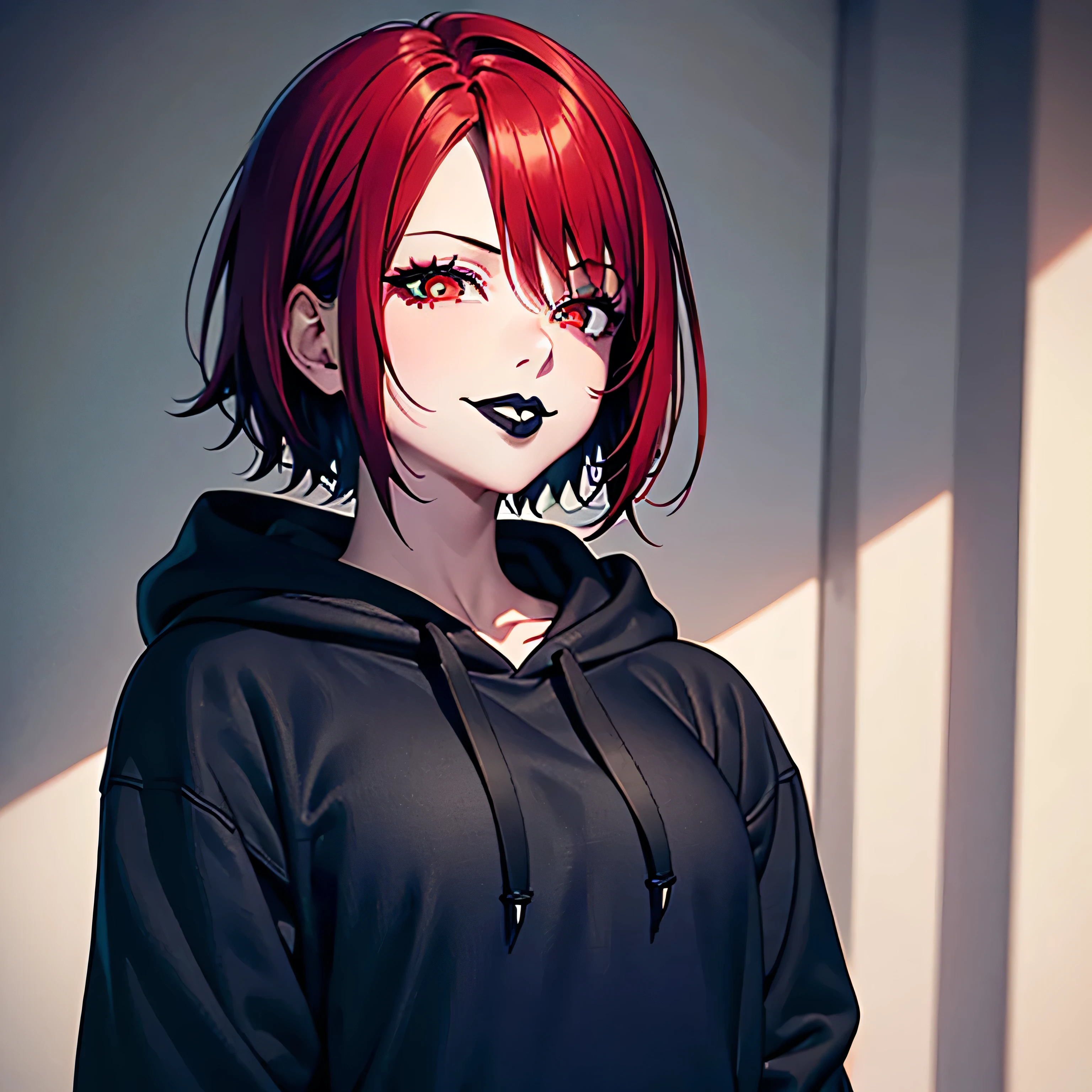 A 25 years old girl with, soft tanned skin, scarlet eyes with red pupils, short and messy red hair, short hair, red hair, scarlet hair, black and loose hoodie, soft but teasing smug smile with black lipstick, detailed lips, smug smile, black lipstick, black hoodie, loose hoodie, black lipstick on detailed lips, lipstick, black mate lipstick