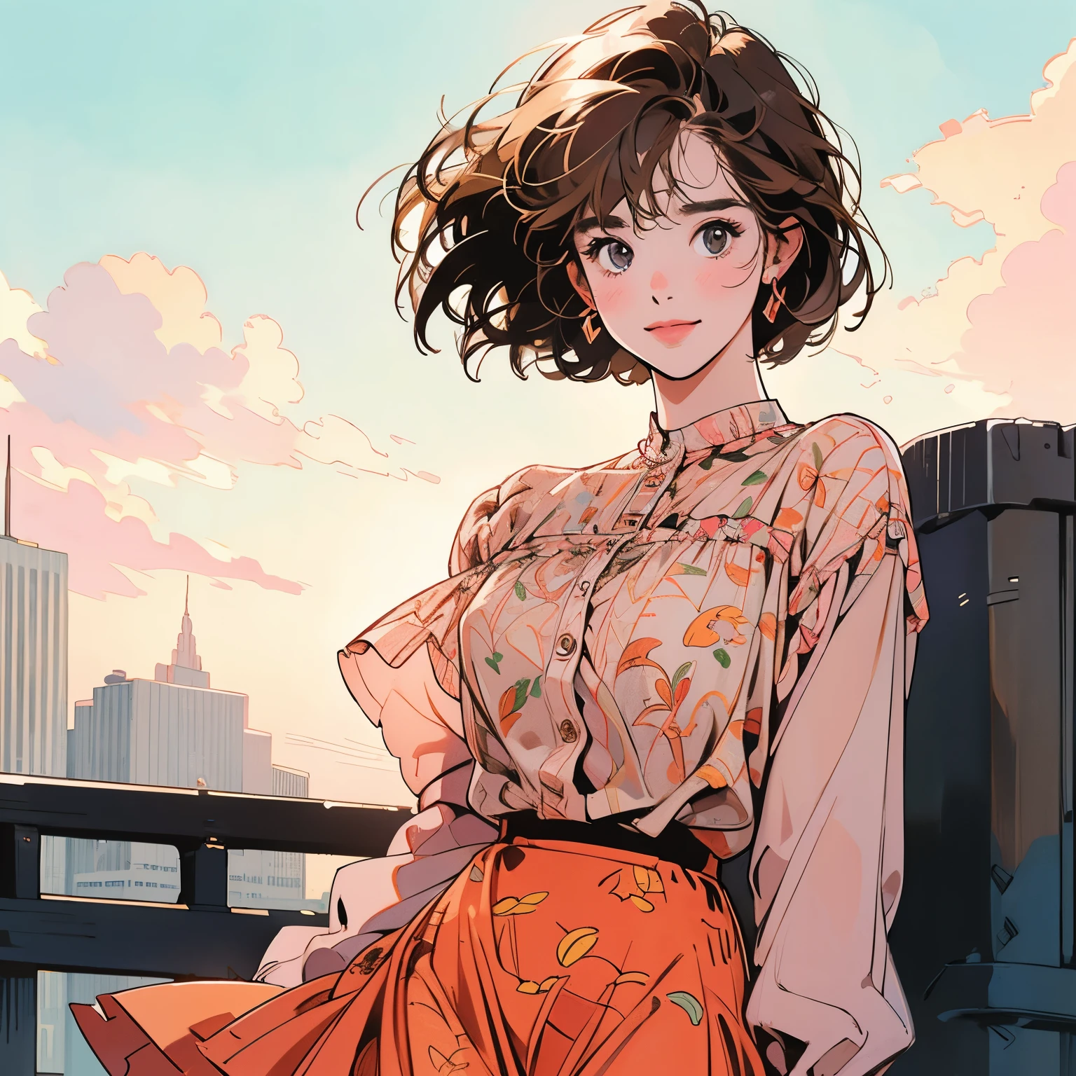 whole body、Kind Face、1 pretty woman、4k、Patterned blouse、skirt、Rooftop、skyscraper、Large space、Sunset、Complex background、Detailed Hair、smile、Light brown hair、Faint lighting、short hair length、There is one cat