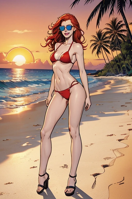 (full body:1.4), Tall, slender ((redhead)) woman of Irish descent. (pale:1.3)complexion. blue eyes, cute butt, nice legs. Kind eyes, cute (smile). Light makeup, tiny bikini, sandals, sunglasses. Tropical beach, sunset.