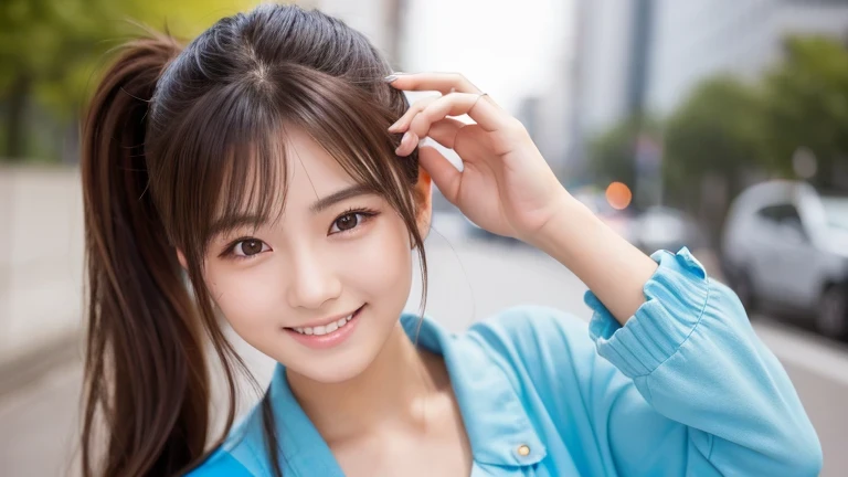 Produce the highest quality and highest resolution 8K images。The model is a 20-year-old Japanese woman.。She has brown eyes and a model figure.、She has an idol-level cute face.。The hair is in a ponytail。Skin has a healthy color。Clothes、６Dressed for the month。She is smiling and posing for the camera。