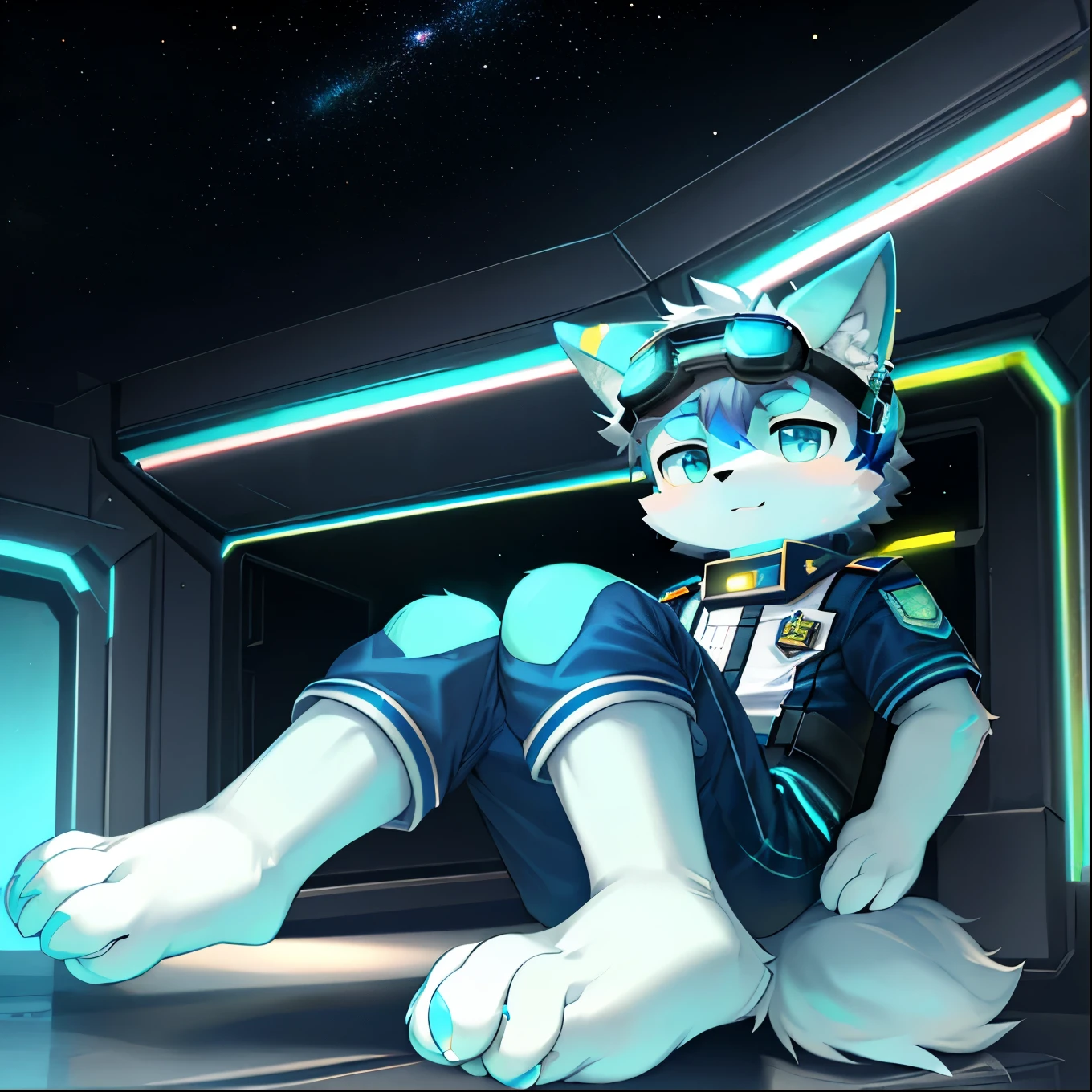 "(High quality sci-fi landscapes and shadows,Ray tracing,ผลกระทบofอนุภาค,8k resolution),(Shota boy with cat ears and a big wolf tail.+Ears are large and long.)of(white fluorescent pants+皮毛是白色of+Yellow and blue fluorescent clothing),Wear the uniform of a futuristic sci-fi navy commander.,space helmet,Goggles,animal feet,散发着神秘又英气of可爱气质。"