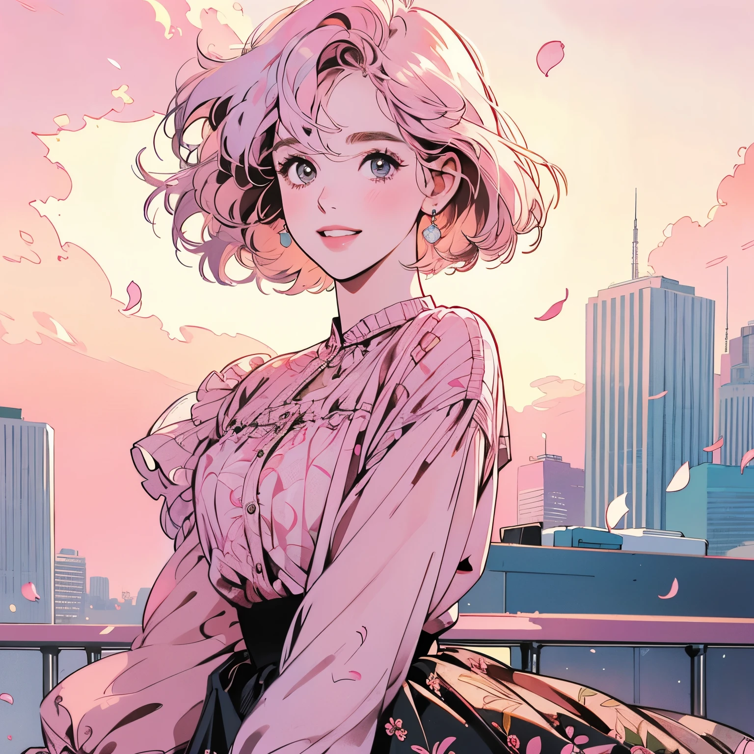 whole body、Kind Face、1 pretty woman、4k、Patterned blouse、skirt、Rooftop、skyscraper、Large space、Sunset、Complex background、Detailed Hair、smile、Pale pink hair、Faint lighting、short hair length、Petals are flying