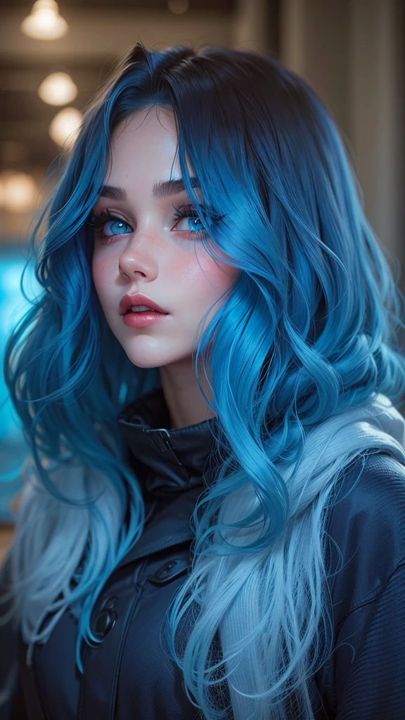 Beautiful girl , wavey blue hair, blue eyes, blushed cheeks, red rogue lips
