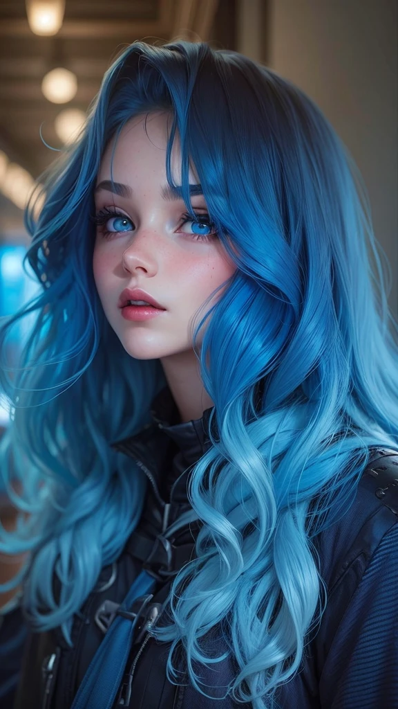 Beautiful girl , wavey blue hair, blue eyes, blushed cheeks, red rogue lips