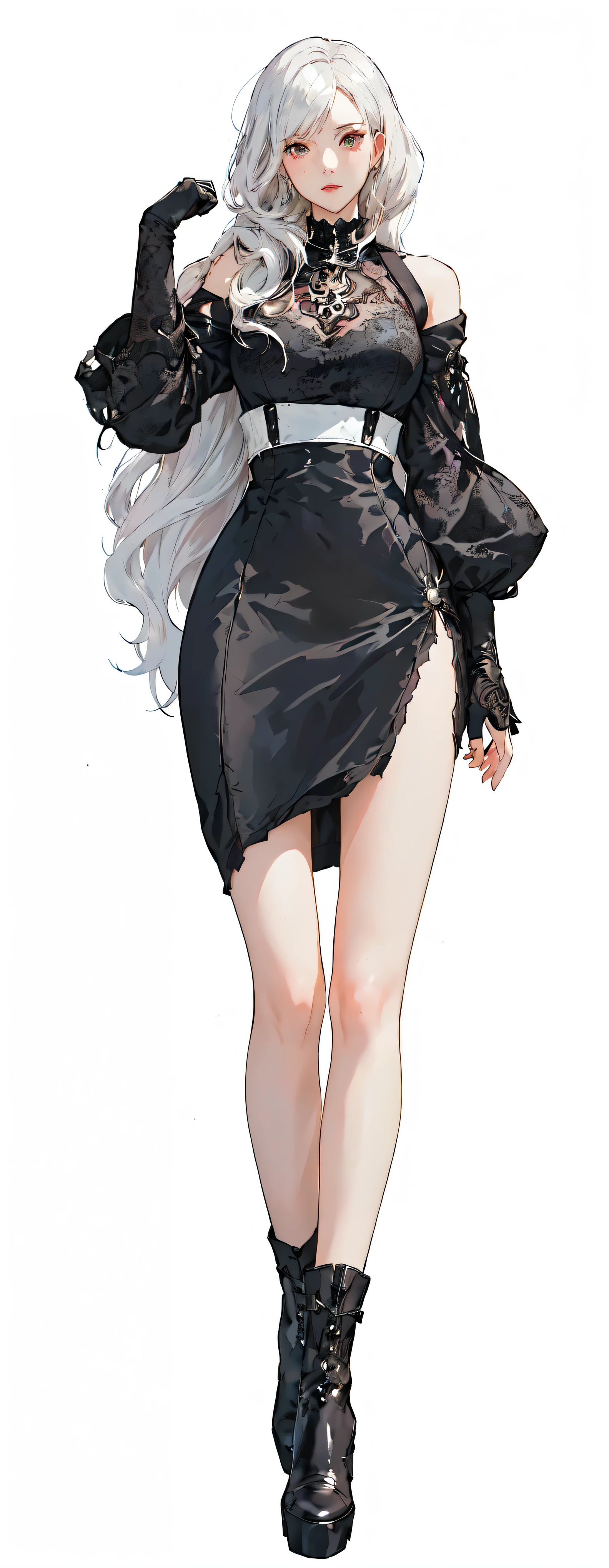 Close-up of woman in black dress and boots, Persona 5 art style wlop,((White big wavy hair)) Anime girl in black dress, 2 b, 2b, Tifa Lockhart white hair, 2b Nier Automata, From Girl Front, Artwork in the style of Guweiz, Popular on cgstation, guweiz on pixiv artstation