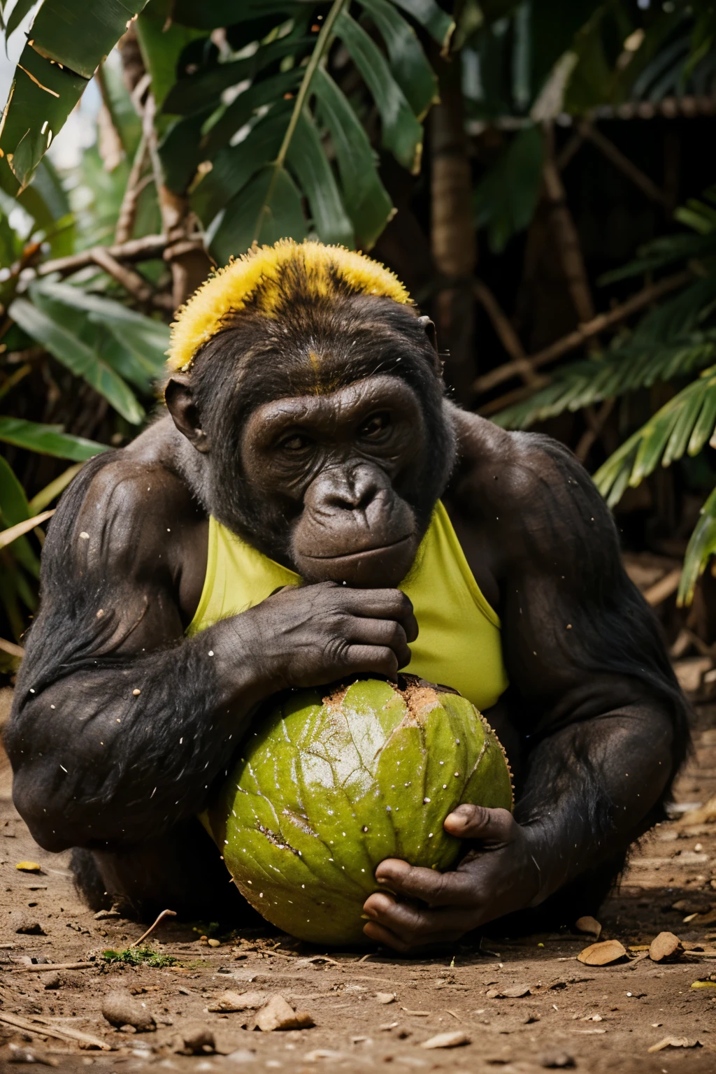 Genera una imagen 2D de un gorila sosteniendo un coco grandote con el fondo amarillo