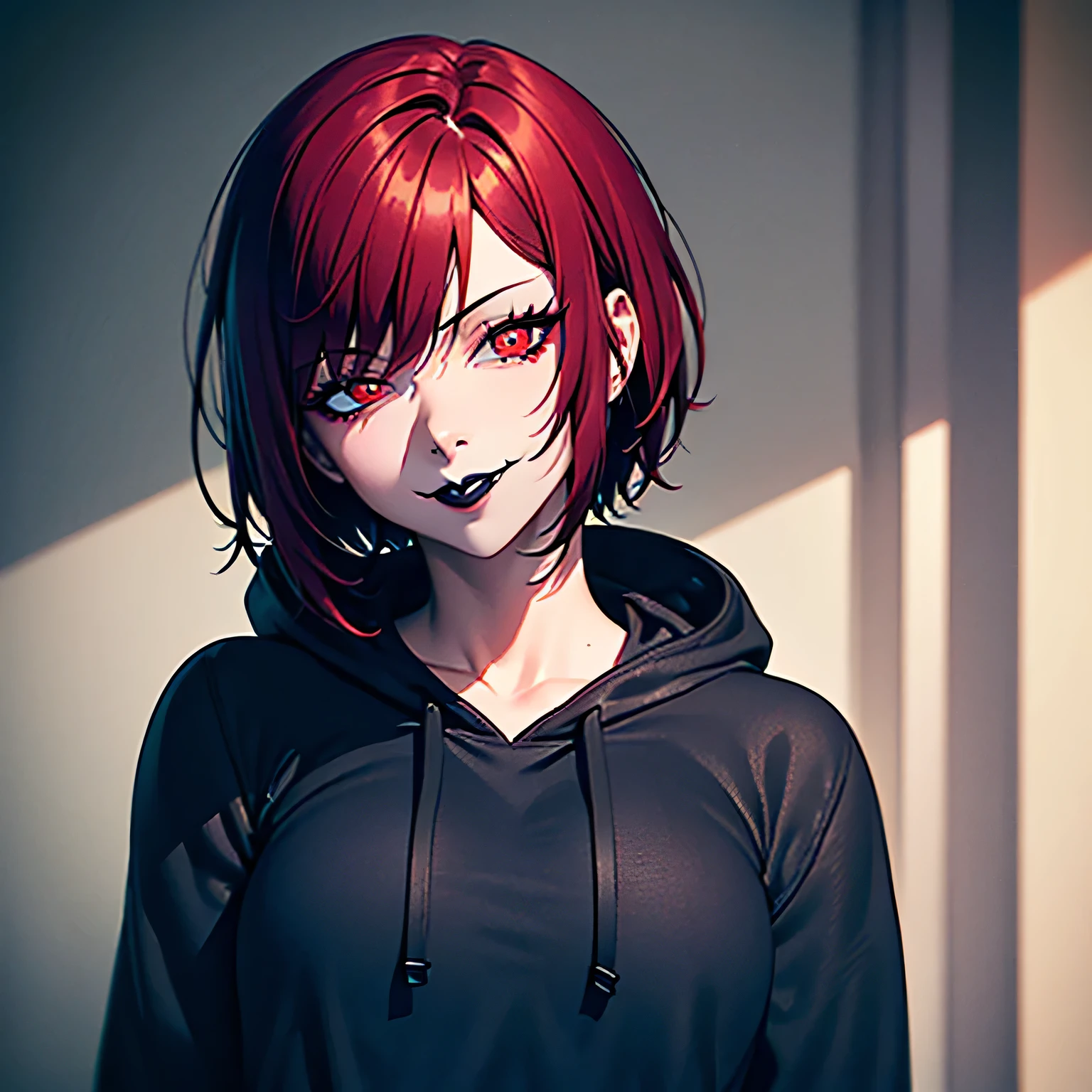 A 25 years old girl with, soft tanned skin, scarlet eyes with red pupils, short and messy red hair, short hair, red hair, scarlet hair, black and loose hoodie, soft but teasing smug smile with black lipstick, detailed lips, smug smile, black lipstick, black hoodie, loose hoodie, black lipstick on detailed lips, lipstick, black mate lipstick