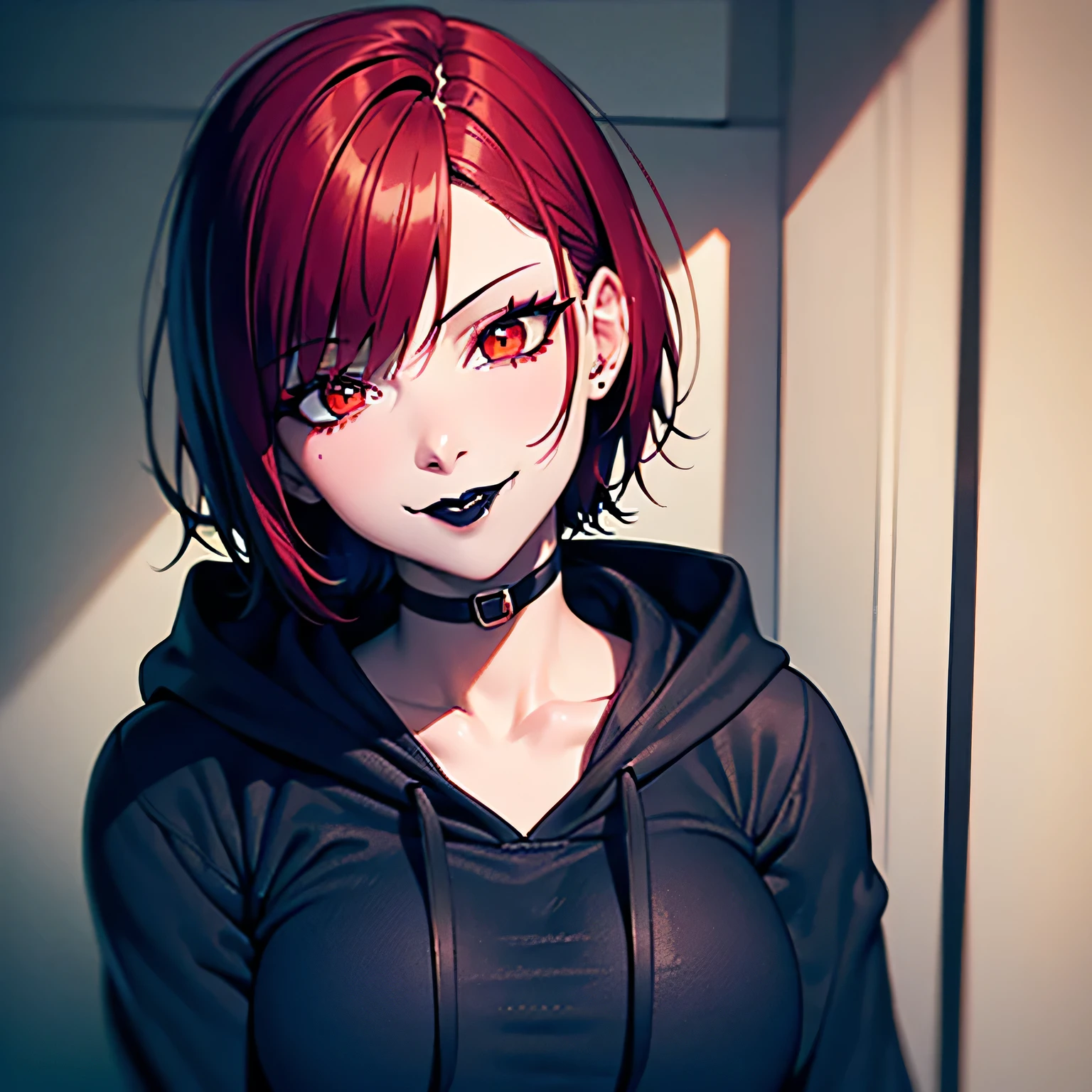 A 25 years old girl with, soft tanned skin, scarlet eyes with red pupils, short and messy red hair, short hair, red hair, scarlet hair, black and loose hoodie, soft but teasing smug smile with black lipstick, detailed lips, smug smile, black lipstick, black hoodie, loose hoodie, black lipstick on detailed lips, lipstick, black mate lipstick