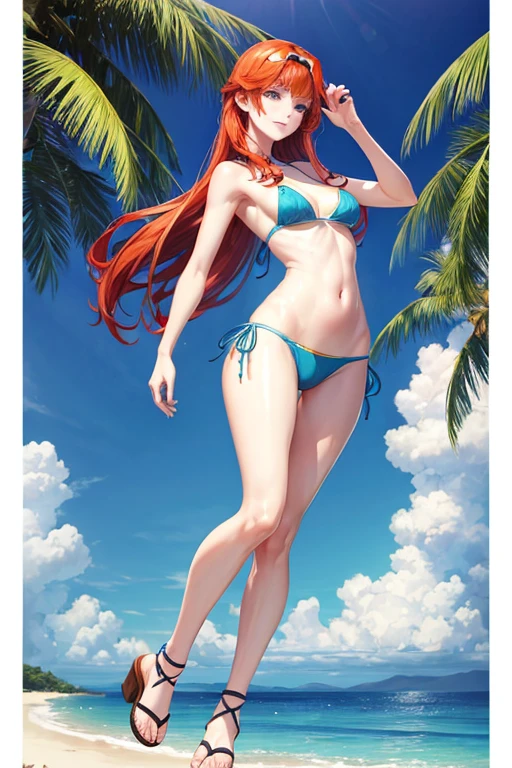 (full body:1.4), Tall, slender ((redhead)) woman of Irish descent. (pale:1.3)complexion. blue eyes, cute butt, nice legs. Kind eyes, cute (smile). Light makeup, tiny bikini, sandals, sunglasses. Tropical beach, sunset.