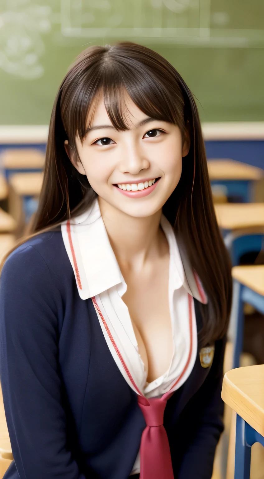 Japanese girl),((Beautiful girl)),cleavage,((schoolroom)),the expression imagining what feels good:1.2,(perfect body beauty:1.2),((perfect body)),(shy smile),beautiful teeth,