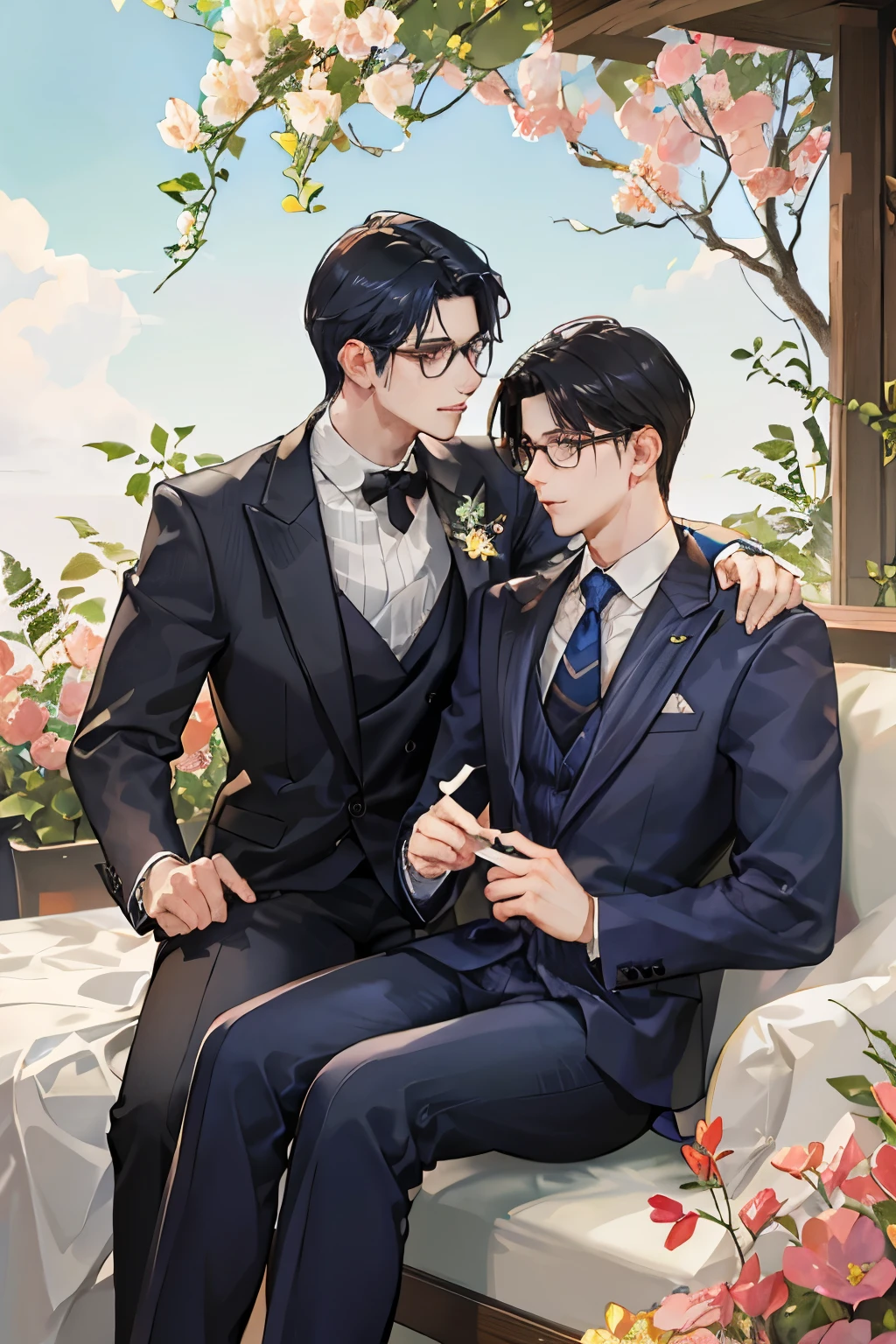 A garden full of blooming flowers、Two friendly young men in suits、One of them has blue hair and a handsome face.、The other wears black-rimmed glasses and has long black hair tied back.。The black-haired one is taller。Both are handsome。