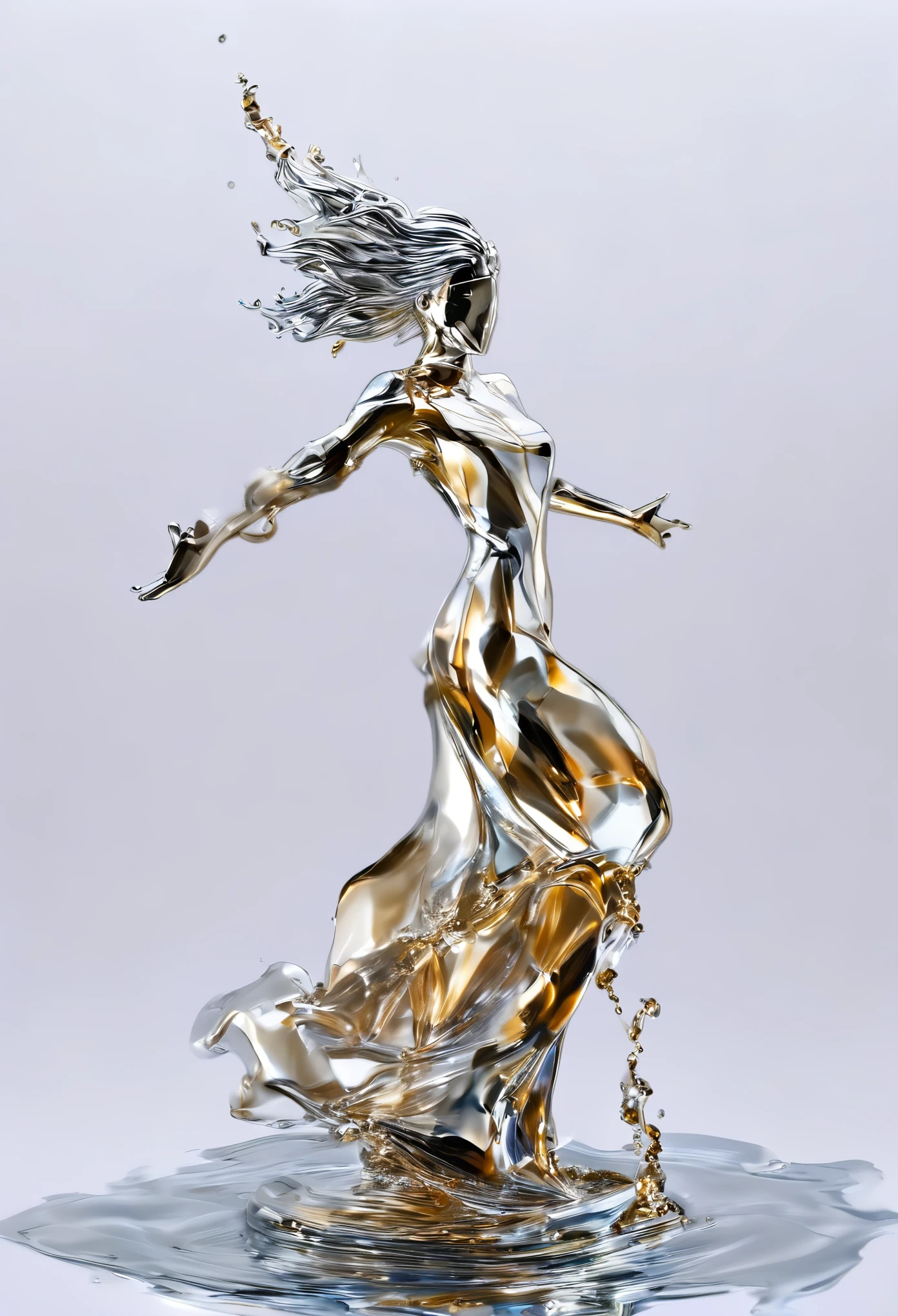 Liquid Metal Sculpture, Liquid Metal Art, Liquid Metal Model, (Masterpiece, Best Quality: 1.2), Silver, Elsa, Full Body, Dynamic Action, Blank Background, Spellcasting, Splashing Liquid Metal, Blurred Foreground