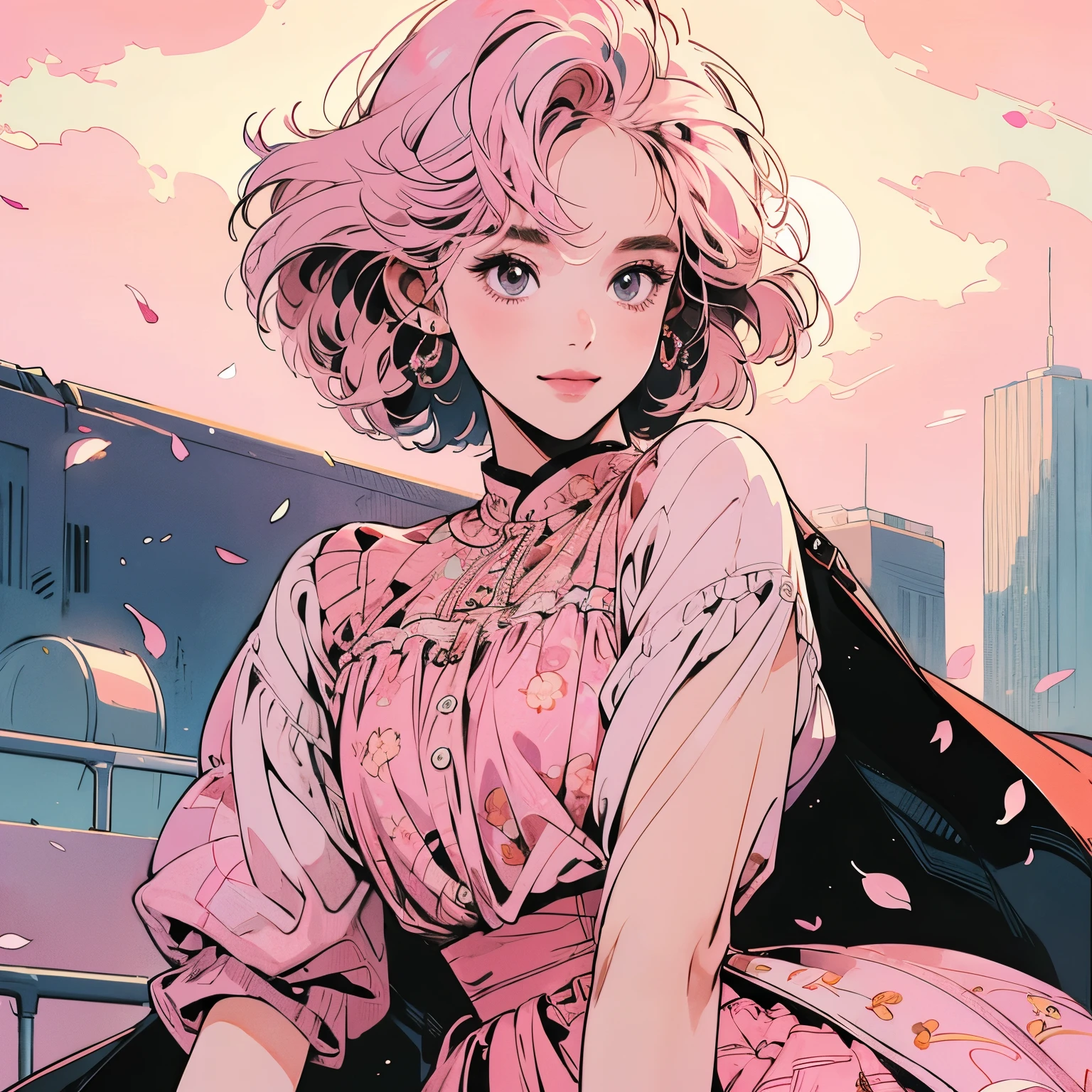 whole body、Kind Face、1 pretty woman、4k、Patterned blouse、skirt、Rooftop、skyscraper、Large space、Sunset、Complex background、Detailed Hair、smile、Pale pink hair、Faint lighting、short hair length、Petals are flying