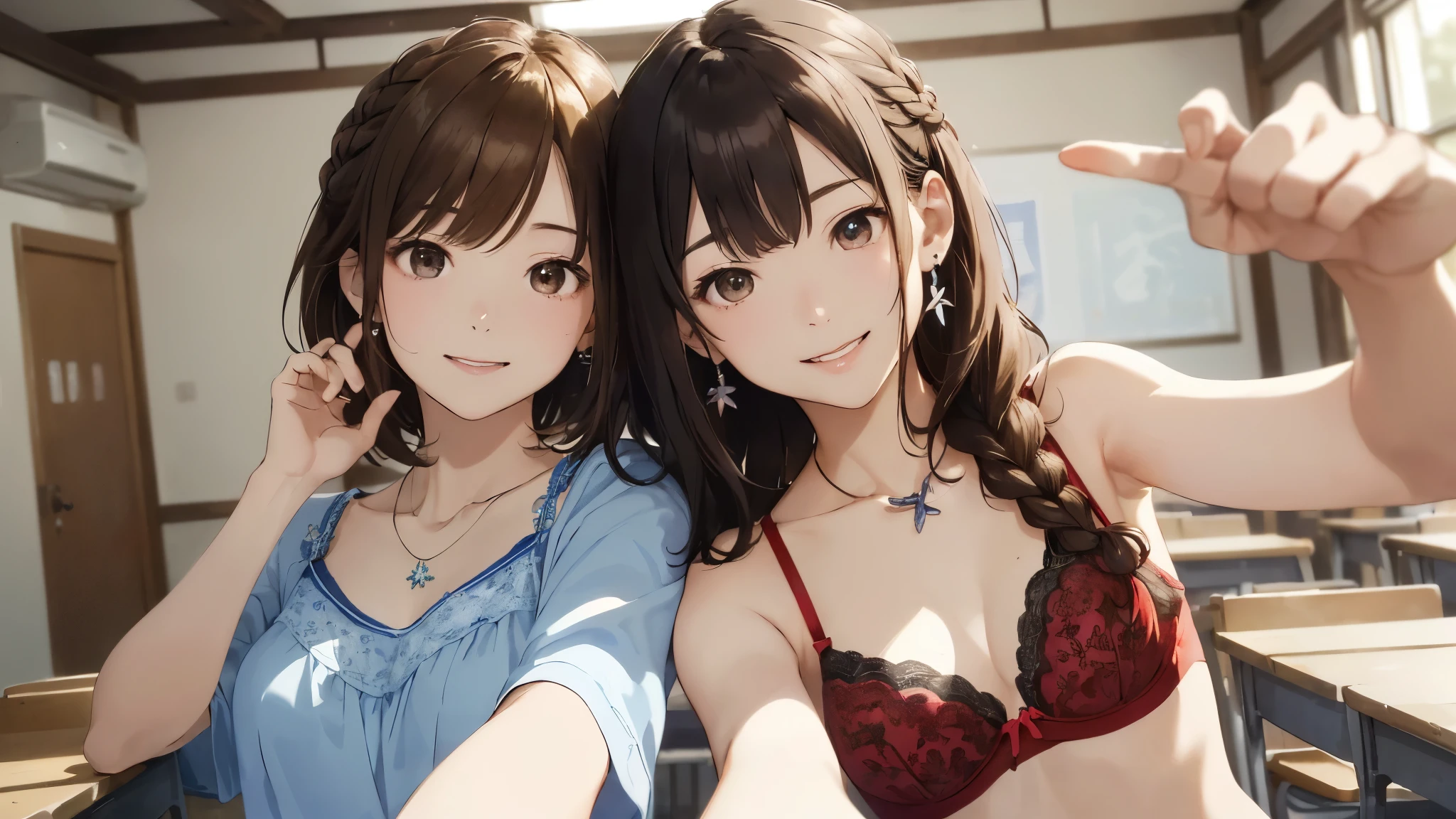 (highest quality、masterpiece、High resolution)、(Sargent-style watercolor)、(Anime Art)、Old school building、Old classroom、School in a wooden school building、Flowers Bloom、((Multiple women、Everyone is standing, Alongside))、(Detailed depiction of a beautiful face)、A kind smile、Medium Short Hair、Dark Brown Hair、Braiding、Soft sunlight、White bra and underwear set、Black bra and underwear set、Red bra and underwear set、Blue bra and underwear set、Wearing a purple bra and underwear set,Orange bra and underwear set、Floral bra(1.8)、Floral underwear(1.8)、T-back shorts(1.8)。whole bodyが写る(1.8)
information(highest quality:1.2)、Very detailed、High resolution、masterpiece:1,2、Bright colors、Bokeh、Professional Lighting、Physically Based Rendering、Flat Color:0.8、Fine Illustration、Realistic:1.37、Makoto Shinkai style、Name Style、Light Brown Hair、Elegant update、Short Bob、、Laugh together、Dynamic poselip、cheek(Dark Brown Hair/)bangs、cheek(direction)、(最高masterpiece1.2)繊細なイラストVery detailed、Break Blue Sky、Detailed Background、20-year-old female、whole bodyが写る、A shy smile、Through clenched teeth、Through clenched teeth、lip、cheek(Flat Color: 0.8)、(masterpiece: 1,2)、(masterpiece: 1,2)、High resolution、超High resolution、highest quality、High resolution、Ultra-thin illustration、Makoto Shinkai style、Your Name is Style、Short Bob、necklace、Earrings、Dynamic pose、Selfie、whole body、Brown Hair、Braiding、long hair(1.8)ponytail・Hair Bun Style、necklace、Valletta、ribbon、Earringsアニキュア,。