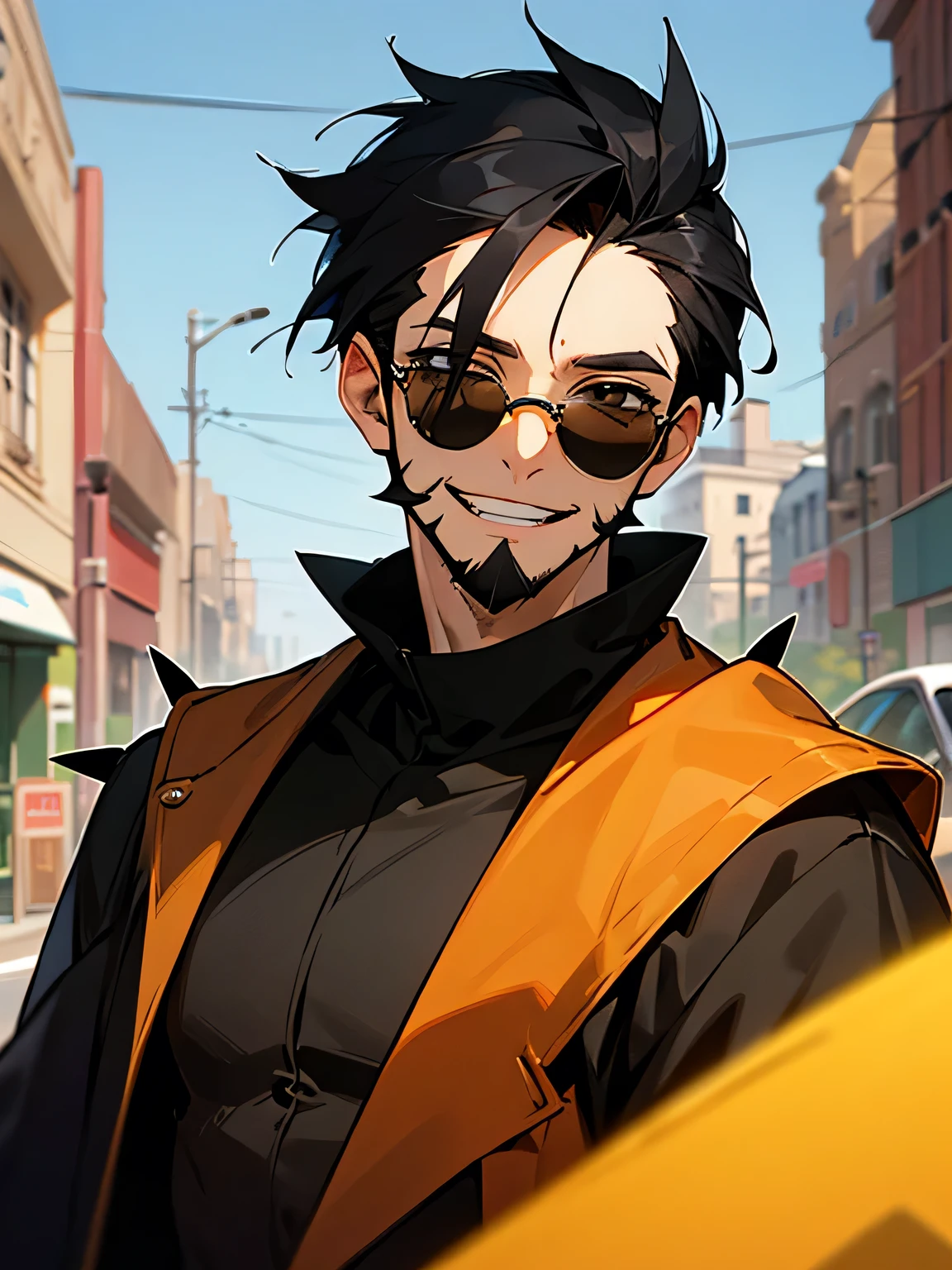 solo, upperbody,looking at viewer,very short black spiky hair, big forehead, sunglasses, beard:0.1, male eyes, male nose, male mouth, nihilistic laugh, street performer clothes,