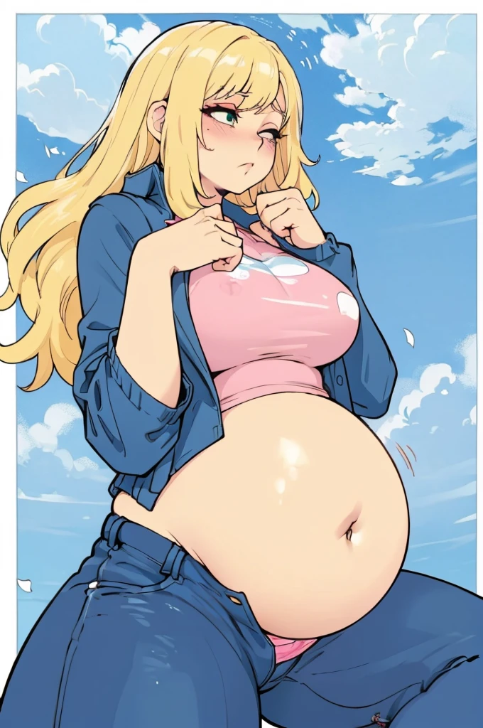 ((art by Kipteitei)), ((Masterpiece, best quality, perfect lighting, amazing shading)), perfect anatomy, field of depth, extremely beautiful, detailed face, ultra cute face, cute, blond hair, long wavy hair, green eyes, one eye closed, jeans, fly open, pink underwear, pink shirt, jean jacket, (stuffed belly), (blushing), (thick thighs), beautiful sky with clouds and sun background, detailed background