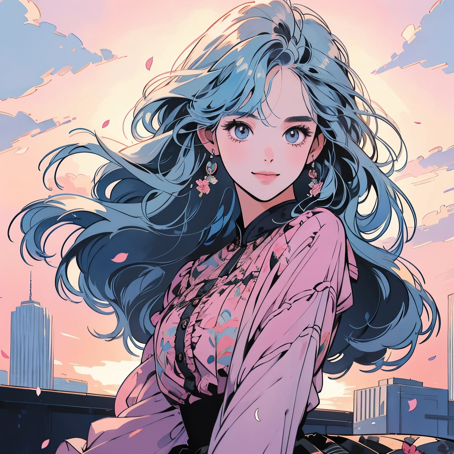 whole body、Kind Face、1 pretty woman、4k、Patterned blouse、skirt、Rooftop、skyscraper、Large space、Sunset、Complex background、Detailed Hair、smile、Light blue hair、Faint lighting、Petals are flying、There is movement