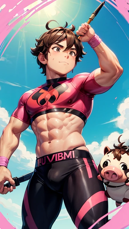 Bradley has wavy brown hair and brown eyes, is medium size and has a chubby but not fat build. It is based on the world of Miraculous Ladybug, he is the bearer of the pig kwami He is a superhero With pink mask in his face he uses a tight-fitting male suit with pastel and opaque pink colors, He has pig ears and a pig's tail and his weapon is a tambourine