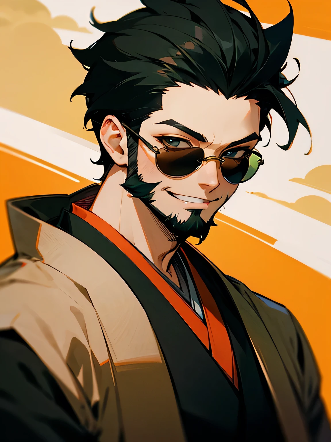 solo, upperbody,looking at viewer,very short black spiky hair, big forehead, sunglasses, beard:0.1, male eyes, male nose, male mouth, smile, Japanese traditional men's hakama,