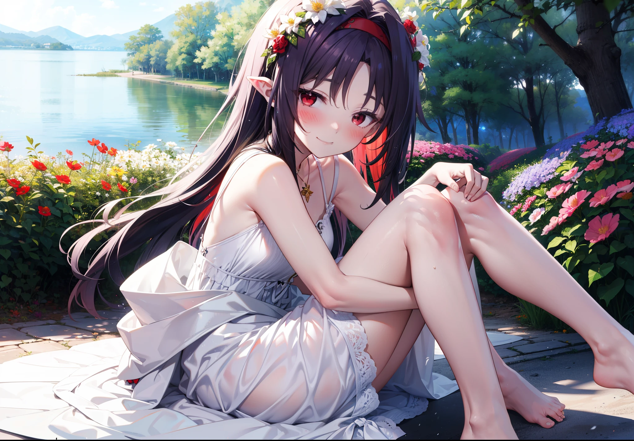 yuukikonno, Konno Yuuki, hair band, Long Hair, Pointed Ears, Purple Hair, (Red eyes:1.5), (Small breasts:1.2), Squint both eyes,blush,happy smile, smile, Close your mouth,White sleeveless dress,Bare arms,Heart Pendant,Long skirt,Barefoot flower crown,whole bodyがイラストに入るように,Sitting,Looking up from below,
break looking at viewer, whole body,
break outdoors, nature,Flower Field,Large Lake,
break (masterpiece:1.2), highest quality, High resolution, unity 8k wallpaper, (figure:0.8), (Beautiful fine details:1.6), Highly detailed face, Perfect lighting, Highly detailed CG, (Perfect hands, Perfect Anatomy),