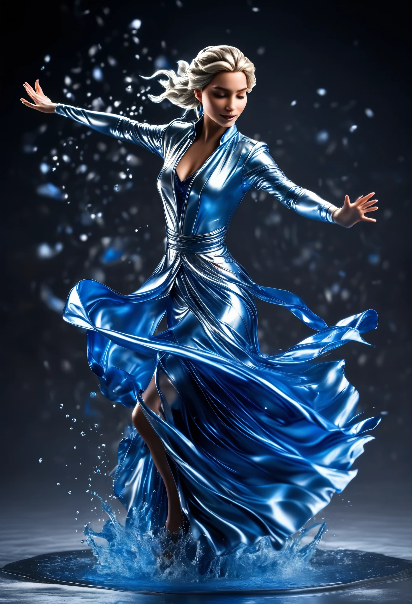 liquid metal style，liquid metal art，liquid metal model，(masterpiece, best quality:1.2), blue and silver metal，elsa made of liquid metal,fullbody，Dynamic Action，Blank Background，Spellcasting，Splashing metal，Blurred foreground