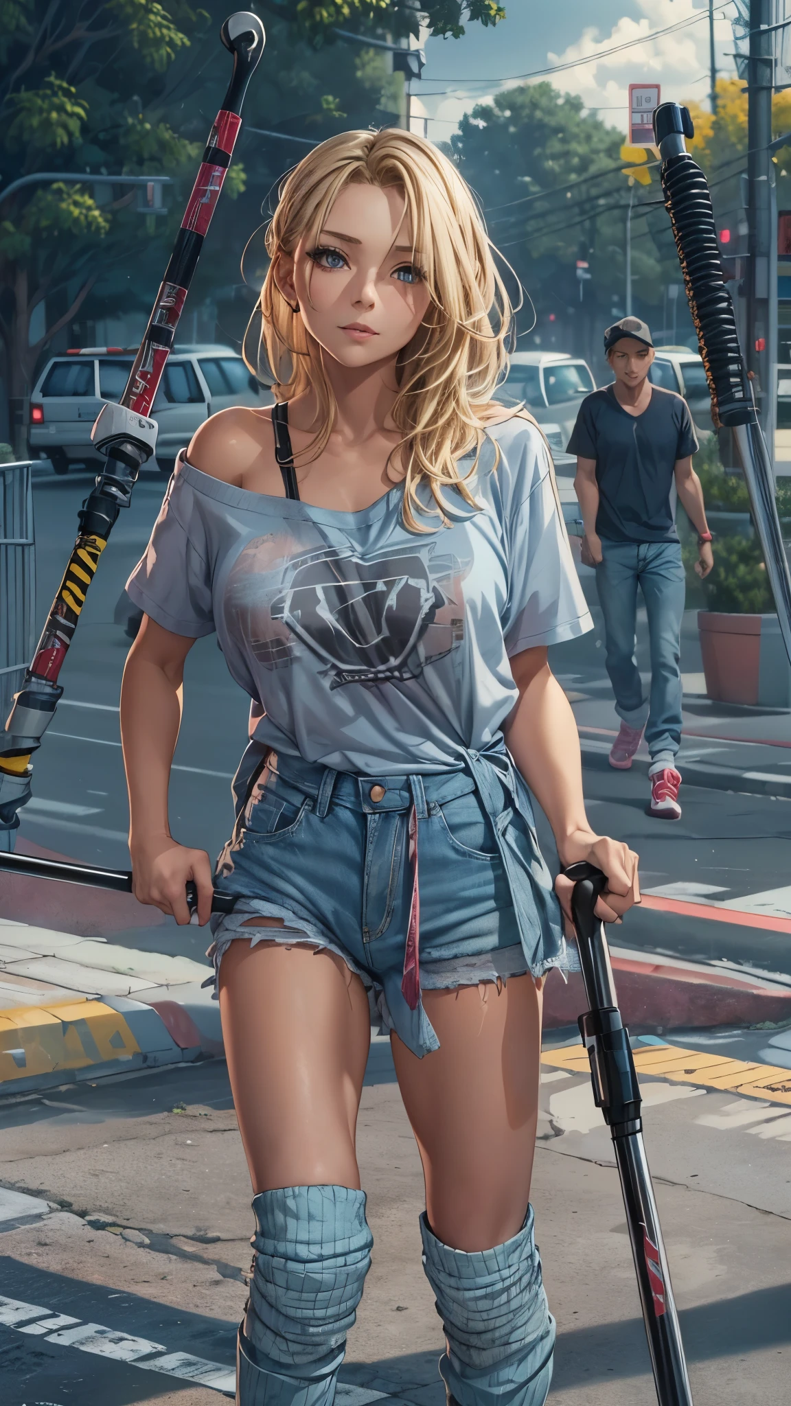 (Super detailed, realistic), streets scene, [Moderately:Oil], [Professional:1.1], [Physically based rendering], [bright colors], [sharp focus], [studio lighting], [extreme details], [highest quality,4k,8K,High resolution,masterpiece:1.2],(detailed face),outside the streets,((One 18-year-old woman)),(short blonde hair mixed  blue color),(dark), [nervous eyes],(casual ladies fashion,off shoulder,denim shorts,fishnet pantyhose,socks,snikers),(gloves,knee pads),((she walks on crutches,the crutches’s length are from armpit,the crutches are putting on her side))