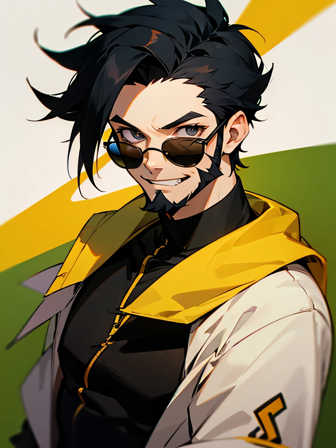 solo, upperbody,looking at viewer,very short black spiky hair, big forehead, sunglasses, beard:0.1, male eyes, male nose, male mouth, nihilistic laugh, street performer clothes,