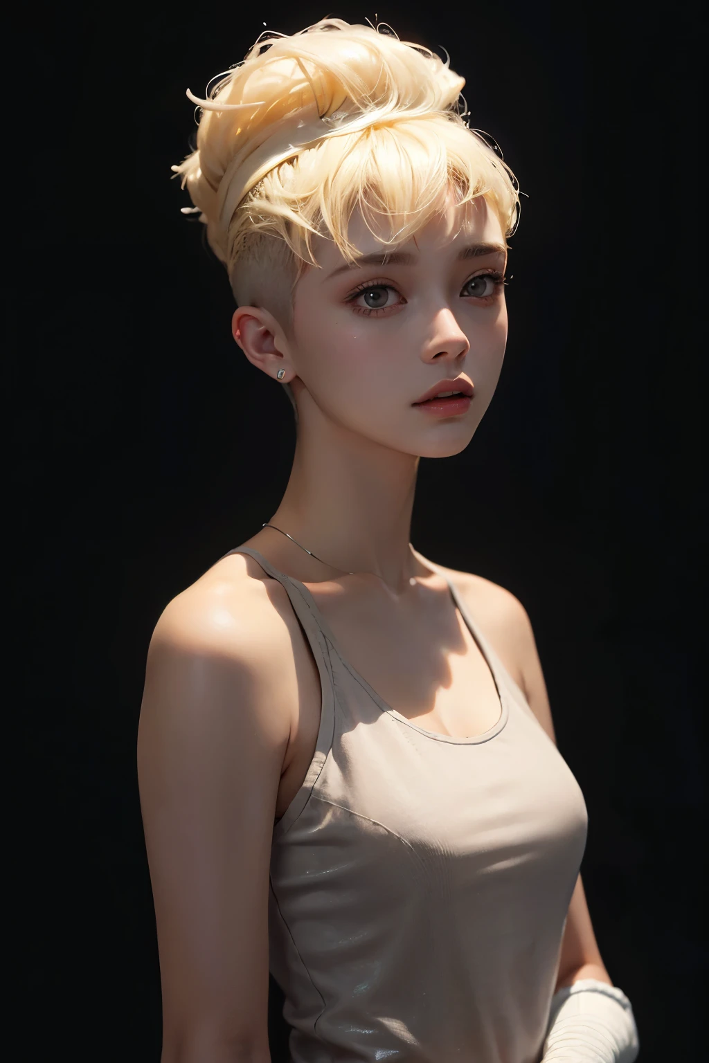 a 20 yo woman, blonde, (hi-top fade:1.3), dark theme, soothing tones, muted colors, high contrast, (natural skin texture, hyperrealism, soft light, sharp)