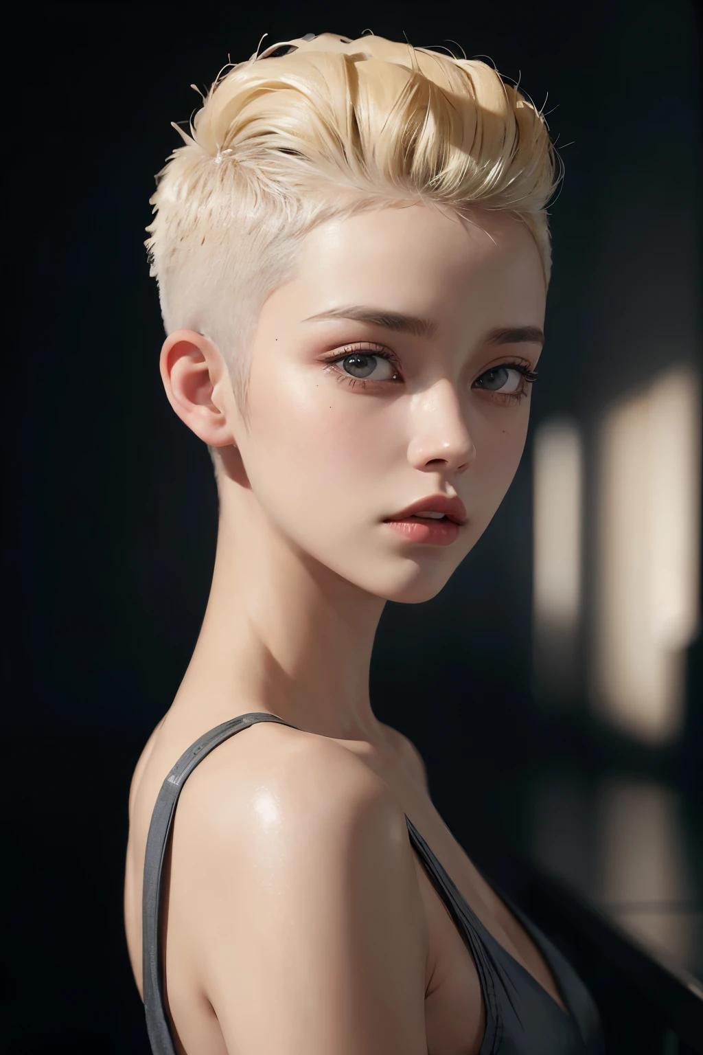 a 20 yo woman, blonde, (hi-top fade:1.3), dark theme, soothing tones, muted colors, high contrast, (natural skin texture, hyperrealism, soft light, sharp)