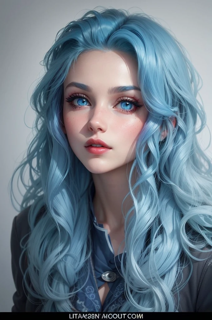 Beautiful girl , wavey blue hair, blue eyes, blushed cheeks, red rogue lips