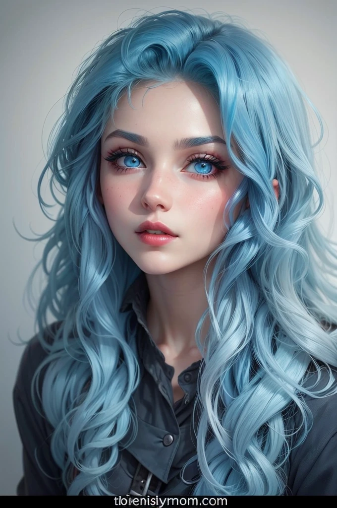 Beautiful girl , wavey blue  hair, blue eyes, blushed cheeks, red rogue lips