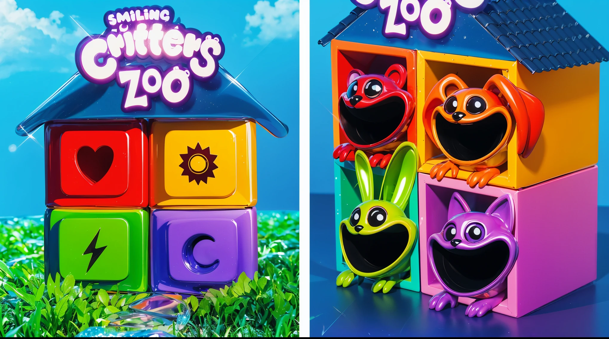 The image features the words \"smiling critters\" in white text on a purple background. The words are stylized to look like a cute animal or character.cloud sky 3d glossy water An inflatable swimming pool on a lawn, surrounded by green and orange boots. The image depicts two large orange glossy feet with five toes each, standing on a blue surface. The feet have a unique design, with the big toe pointing inwards. The skin on the feet has wrinkles and looks rough. The image depicts two large orange feet with five toes each, standing on a blue surface. The feet have a unique design, with the big toe pointing inwards. The skin on the feet has wrinkles and looks rough. cartoon key frame rendering, cute 3D rendering, Shiny metallic,Create ultra sharp цветной рендеринг zbrush. perfect cgi, cgi art created only with gradients, smooth silhouette, Create ultra sharp skin, high intensity refraction, (plastic material), most beautiful vfx, blue background, plastic refractions, glossy texture, smooth 3d model, multiple light sources, rim light, sharp post effects render, (glossy plastic texture with multiple big light probe refractions), perfect cgi, cgi art created only with gradients, smooth silhouette, high intensity refraction, (plastic material), most beautiful vfx, blue background, plastic refractions Create ultra sharp