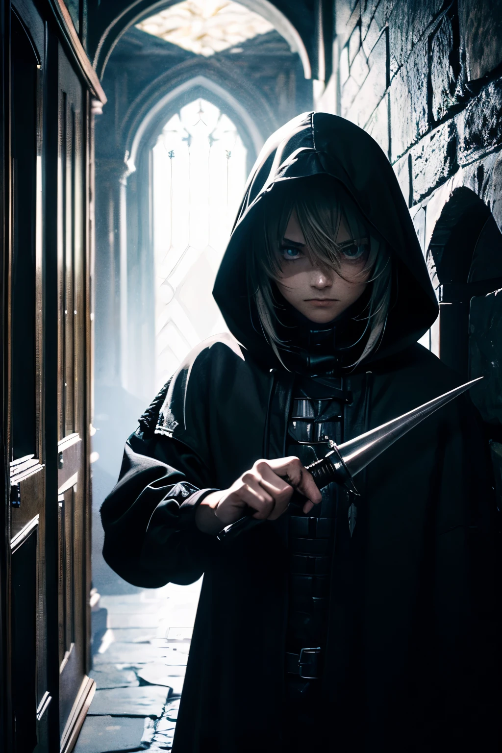 Stealthy Masterpiece, Top image quality, High resolution, (10K UHD), sneaking, medieval castle, A teenage thief, dark corridors, shadows, flickering torchlight, dark & atmospheric lighting, suspenseful, filled with the sounds of battle outside, intricate details, detailed facial features, narrowed eyes filled with determination, tattered clothes, wearing a hood to blend in, hiding in the shadows, stealthy movements, avoiding guards and traps, hand gripping a dagger, photorealistic image.