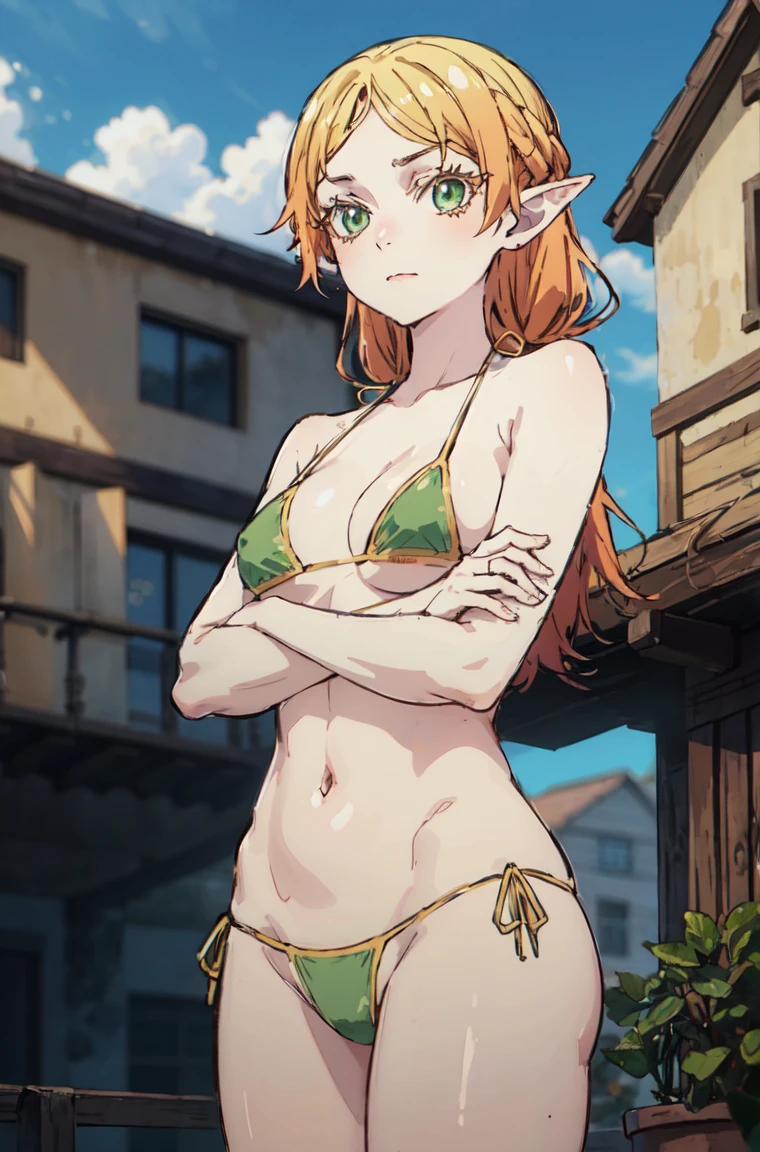 Cowboy shooting,  Pointed ears, Forehead Gem, Sui-000008 (2),   case, ultra detailed, masterpiece, best quality, Aesthetic, detailed,(Micro Bikini:1.4)，（Cross your arms:1.4）