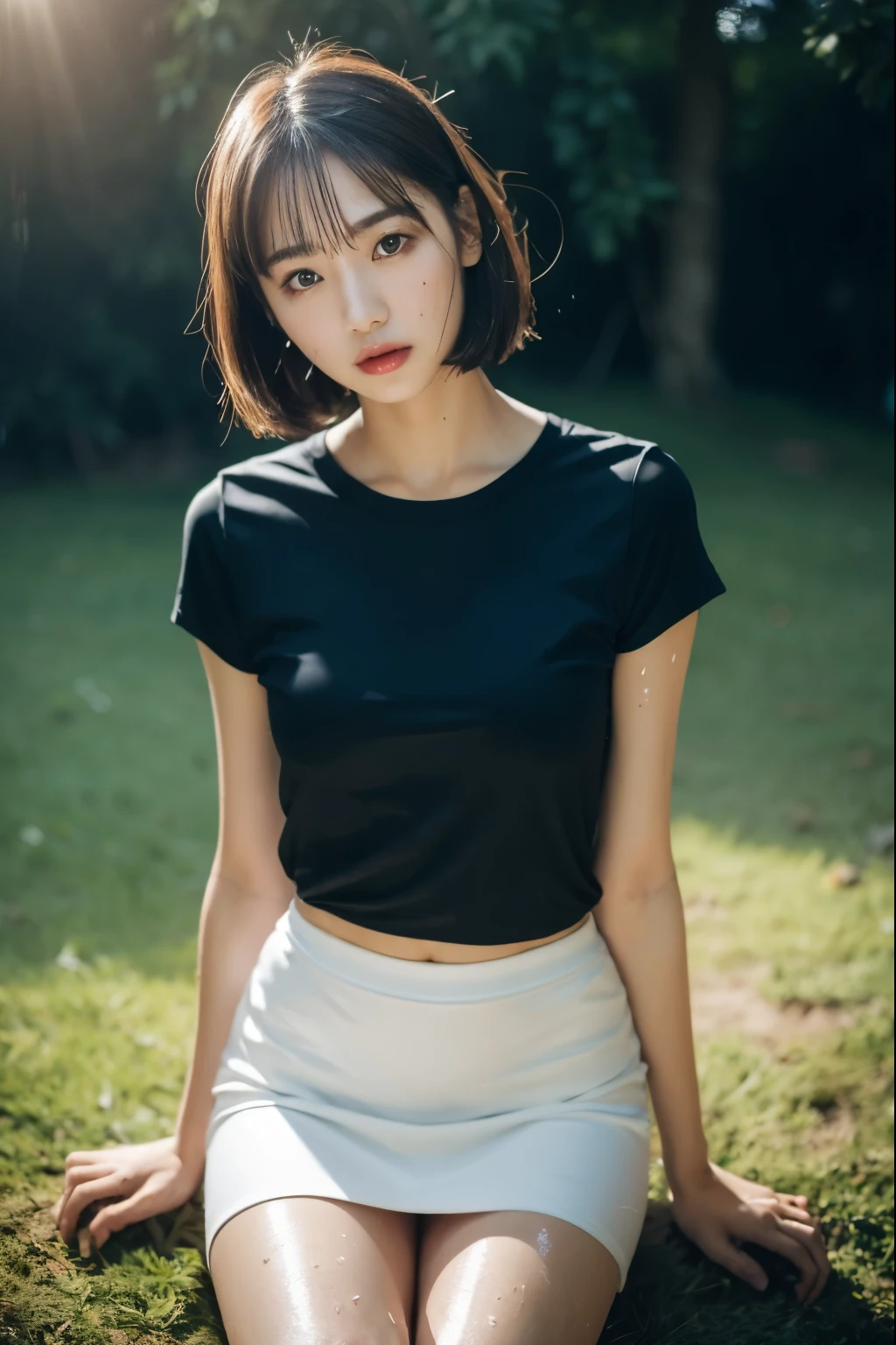 1 girl, alone, (Outdoor style): 1.3, White mini skirt, masterpiece, highest quality, Realistic, Hyper Detail, (Shiny skin, Sweaty: 1.4), Confused, (Having a bonfire), Short black hair, Brown eyes, thin, Dynamic Lighting, High resolution, Sharp focus, Written boundary depth, fine grain, Sharp eyes, Realistic eyes, (big: 1.2), (Thick thighs: 1.0), Outdoor, null, Korean Idol, Nogizaka Idol, Idol sculpture, actress,