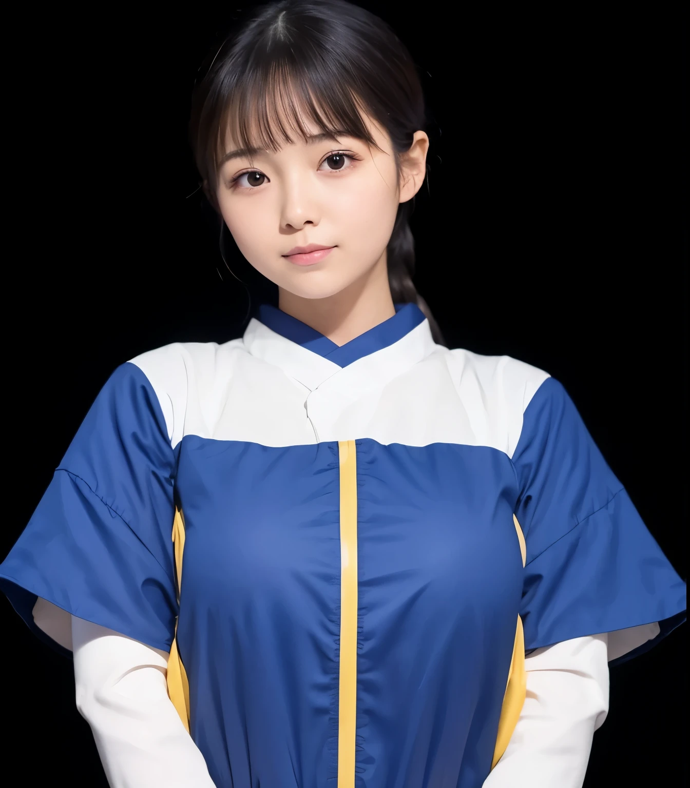 Japanese, round face、Young、Her bust is so big it looks like it's about to burst、Voluptuous、Beauty, The best big 、healthy、cute, Round eyes、 girl、The best smile、not wearing anything under clothes、Short sleeve, The skin of the arm is visible, A plain navy blue hat with a brim