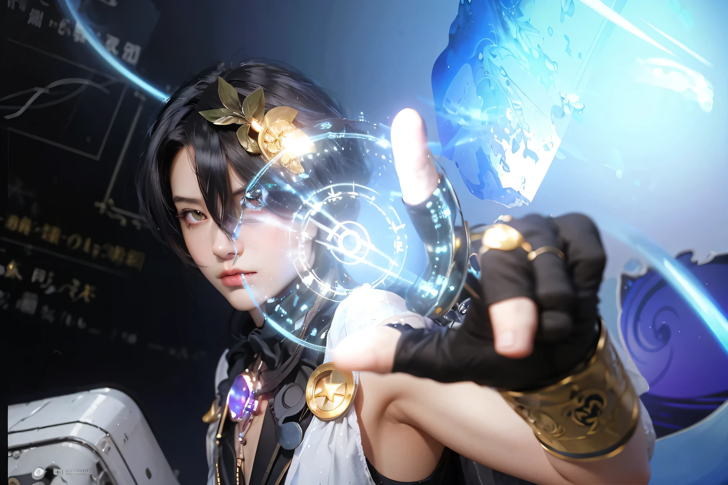 ((Dr.RATIO_HONKAI STAR RAIL)),((realistic, photorealistic)),(highlight hair)), Light reflection, (( HD )),((upper body)), (((best quality, masterpiece))), (masterpiece) (best quality) (detail) (8k) (HDR) (wallpaper) (cinematic lighting) (sharp focuasterpiece, best quality: 1.1), Real life adaption of this character, Asian teen beauty face, Shining green eyes, realistic outfit, realistic shadow, realistic light, realism, hyper realistic, realistic background,Realistic hair, realistic hair at the back,(photorealistic:1.2), 1man,Black and blue gradient background, mathematical formula writing on the background, floating cloak, glow effect, red eyes, handsome man, Custom details, clothing accessories, shiny gold rings, gloves,Purple-black hair, glowing magic circle,Floating stones, lines of light,