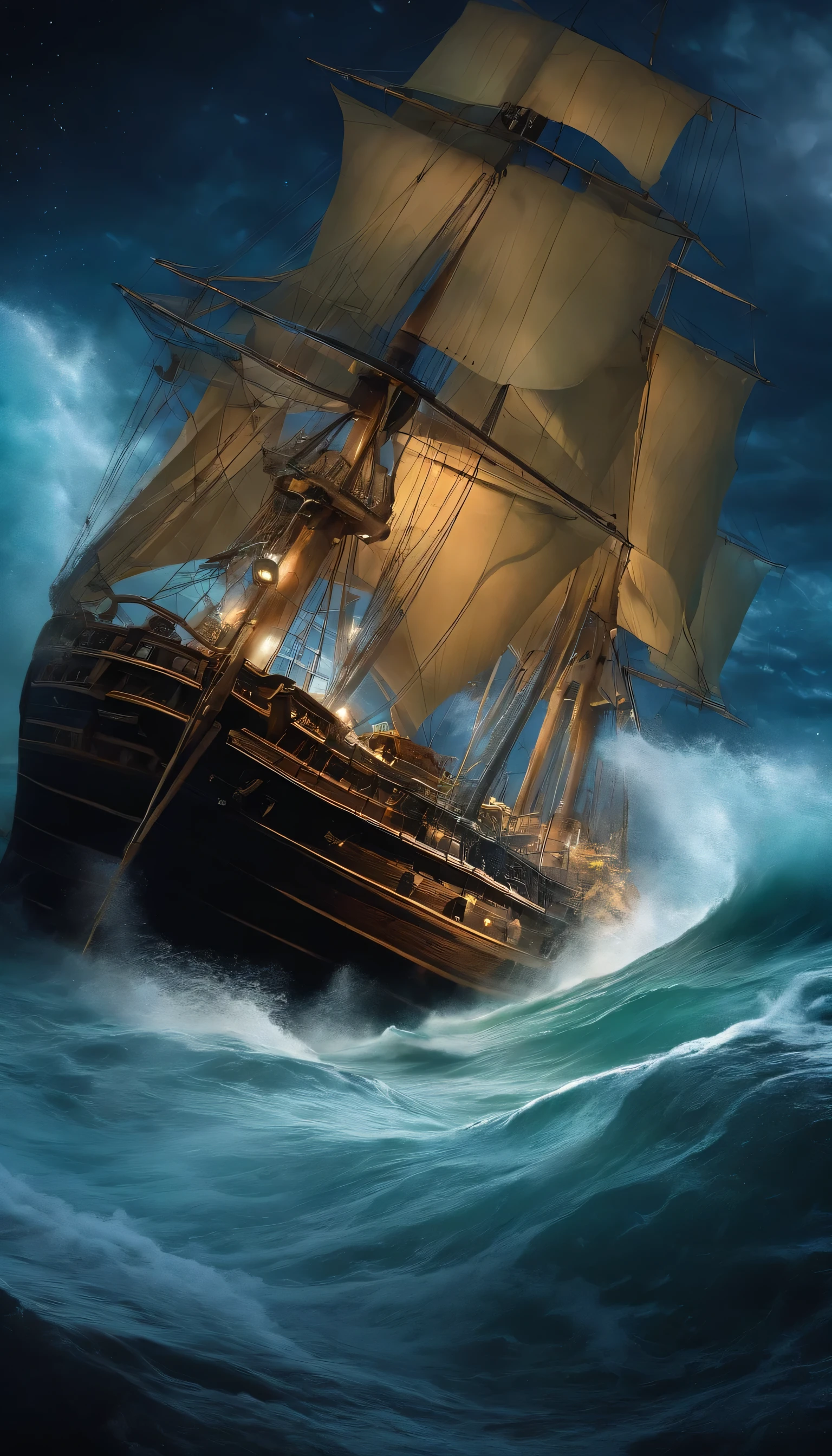 Ship on the windy sea, Sail through rough seas、Night view、