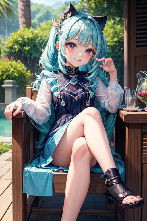  Seorang perempuan sedang duduk di kursi kerja, rambut panjang warna Aqua, tersenyum manis kearah kita, memakai pakaian putih, rok hitam pendek v4, detail , smile high, blush, HD , high quality,detailed ,anime art, unity k8