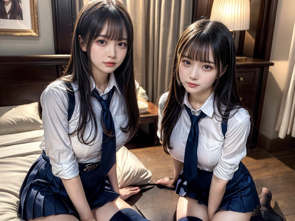 (8K, Raw photography, top-quality, ​masterpiece:1.2), master piece, best quality, illustration, Super detailed, fine details, High resolution, 8K,wall paper, perfect dynamic composition,(Details High quality, realistic depiction of eyes:1.3), ((2 girls, 2 schoolgirls)), The background is a luxury hotel room、High school girl uniform、blazer 、Super Short Check Uniform Skirt、Navy blue high socks、garterbelts、Colossal tits、Disturbed uniform, Play with each other,Touching each other's bodies,Touching the body of the girl next door, short bob hair, black hair color, huge breasts, Big Natural Color Lip, bold sexy pose, (perfect body shape), crying a little、cold gaze,  Beautiful makeup,glitter makeup,Cutest 18 years old, beautiful legs, hposing Gravure Idol, Voluptuous thighs