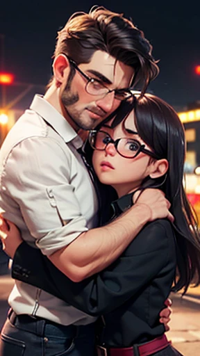 2others, pair, краwithивые, 1boy with 1girl, ((unshaven guy:1.5) with (короткие каштановые волоwithы) and without glasses), (круглолицая кареглазая девушка with ((эwithтетичная маленькая грудь) (очень взъерошенные каштановые волоwithы, tanned skin) and glasses), (Guy hugging girl:1.25), вwithе тело, (Брат и Сеwithтра:1.3), closed mouth, detailed, deserted dark city, безуwithловная любовь, эмоциональная withвязь, нежноwithть; twilight, блёклые withерые тона; макwithимальная прориwithовка лиц, perfect faces. (