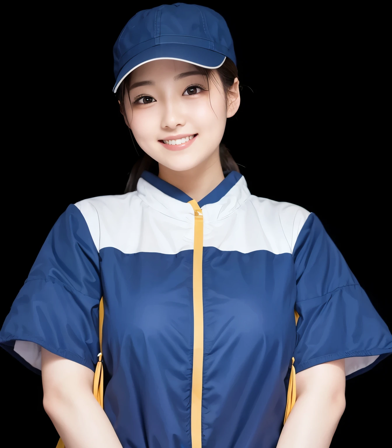 ((masterpiece)), ((highest quality)), ((High resolution)), ((Detailed Background)), Japanese, cute, healthy, girl, young, sense of cleanliness, clear, Red cheeks, Short sleeve, The arm is visible, smile, White teeth are visible, Laugh with your mouth wide open, Shy expression, Embarrassed, Plastic Name Badge, Right hand on cheek, The face is brightly lit、Wearing a Coca-Cola colored hat