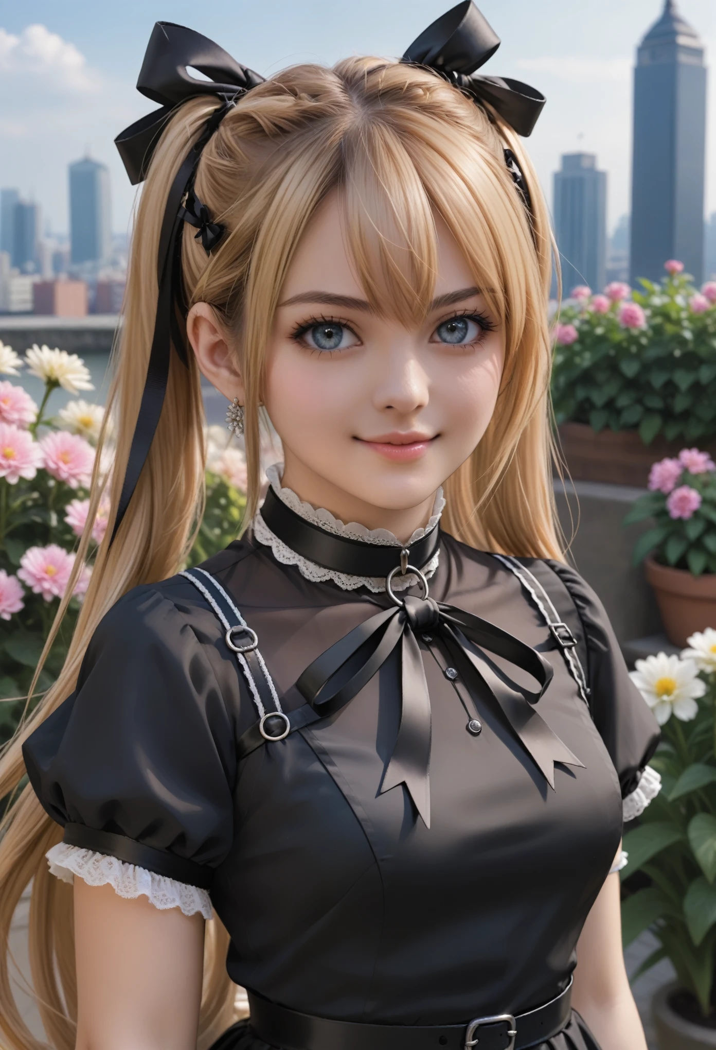 source_anime, BREAK 1girl ,doamarie, blonde hair, twintails, hair ornament, hair ribbon, choker, harness, black skirt, black and white dress, detached sleeves, black sleeves, looking at viewer, portrait, happy, cityscape, garden, flowers