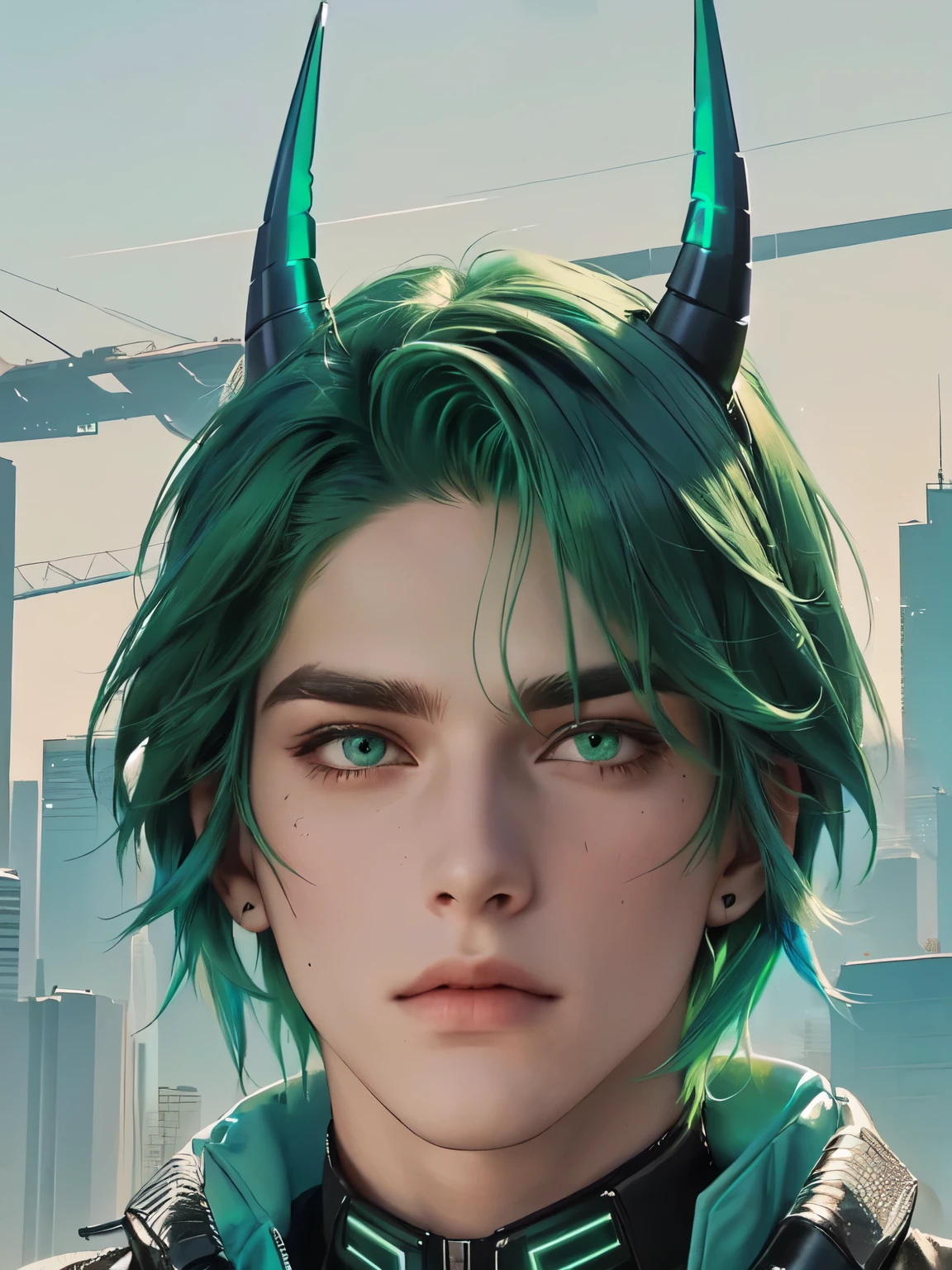 there is a boy with green hair and blue horns, green eyes, futuristic cyberpunk jacket , alpha female, looking away