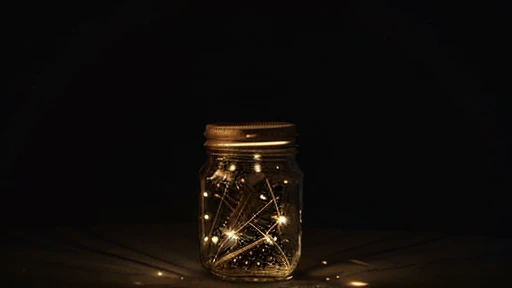 Fairylights in a Jar placed at the left corner of the picture. Dark room. High detailed. High quality.
