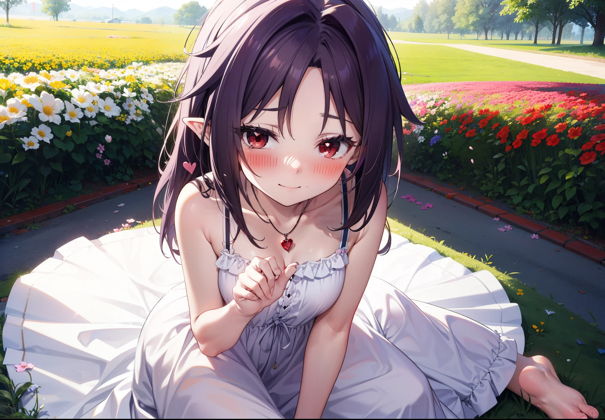 yuukikonno, Konno Yuuki, hair band, Long Hair, Pointed Ears, Purple Hair, (Red eyes:1.5), (Small breasts:1.2), Squint both eyes,blush,happy smile, smile, Close your mouth,White sleeveless dress,Bare arms,Heart Pendant,Long skirt,Barefoot flower crown,whole bodyがイラストに入るように,Sitting,Looking up from below,
break looking at viewer, whole body,
break outdoors, nature,Flower Field,Large Lake,
break (masterpiece:1.2), highest quality, High resolution, unity 8k wallpaper, (figure:0.8), (Beautiful fine details:1.6), Highly detailed face, Perfect lighting, Highly detailed CG, (Perfect hands, Perfect Anatomy),