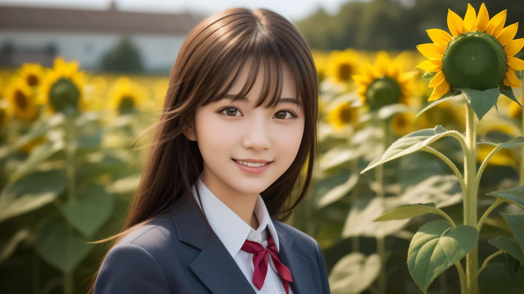 (2girl), refreshing smiles, (high school uniform), (Best Quality:1.4), Realistic, extremely detailed CG unified 8k wallpaper, highly detailed, High-definition raw color photos, professional photography, Realistic portrait, Beautiful detailed, Close up portrait of girl, Outdoors, Beautiful scenery, (sunflower:1.2), (Fine face:1.2), 